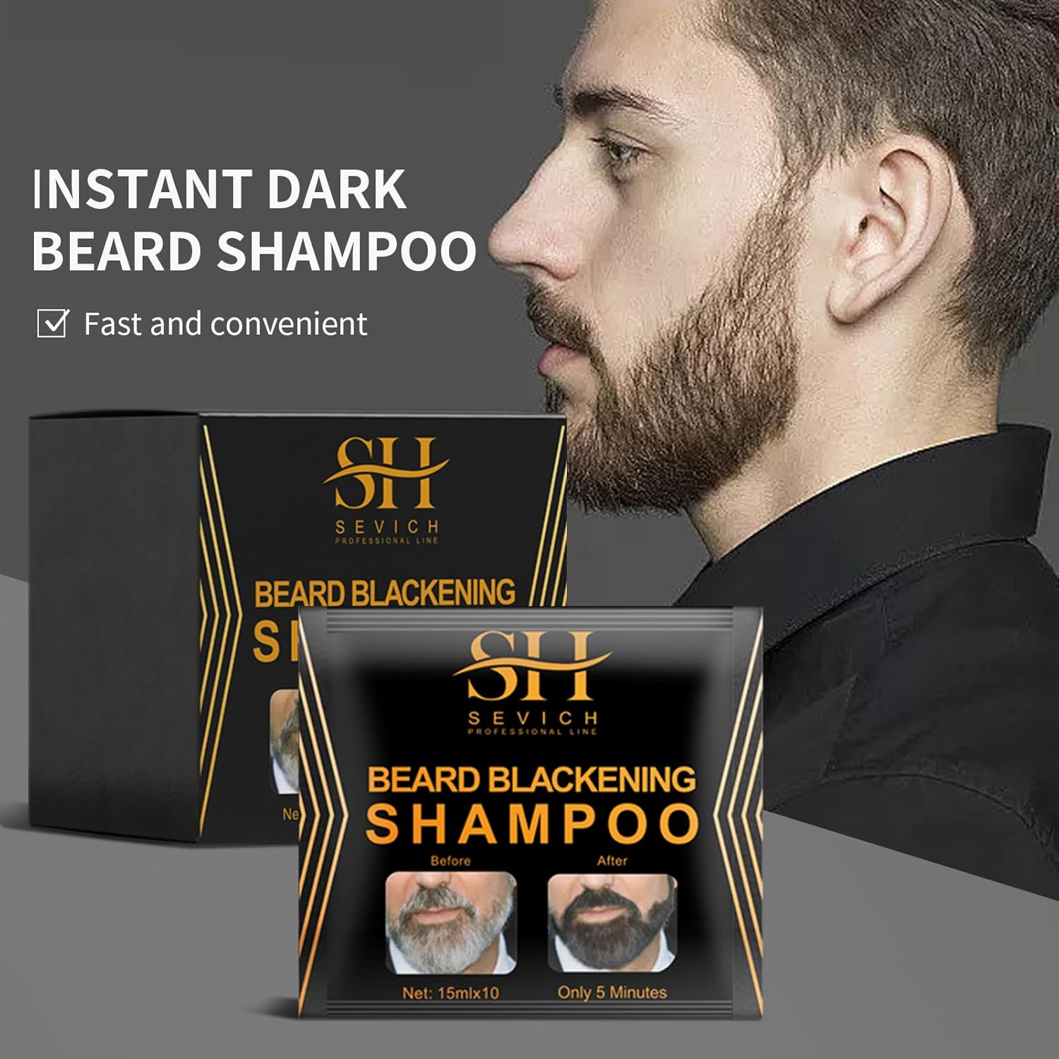 SEVICH Beard Blackening Shampoo for Men - Instant Natural Black Color, Anti-Hair Loss Formula, 10X15Ml Travel-Friendly Packets | Safe & Gentle Beard Dye with Nourishing Care image number 1
