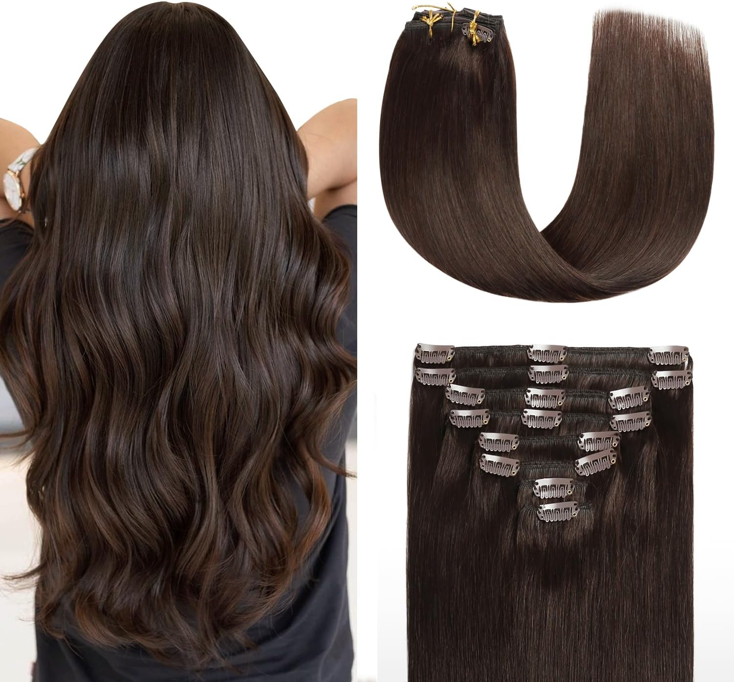 Sunya Clip-In Real Hair Extensions, Burgundy Real Human Hair Extensions, Invisible, 45 Cm, Semaless Clips, 7 Pieces, 80 G/Pack, #99J