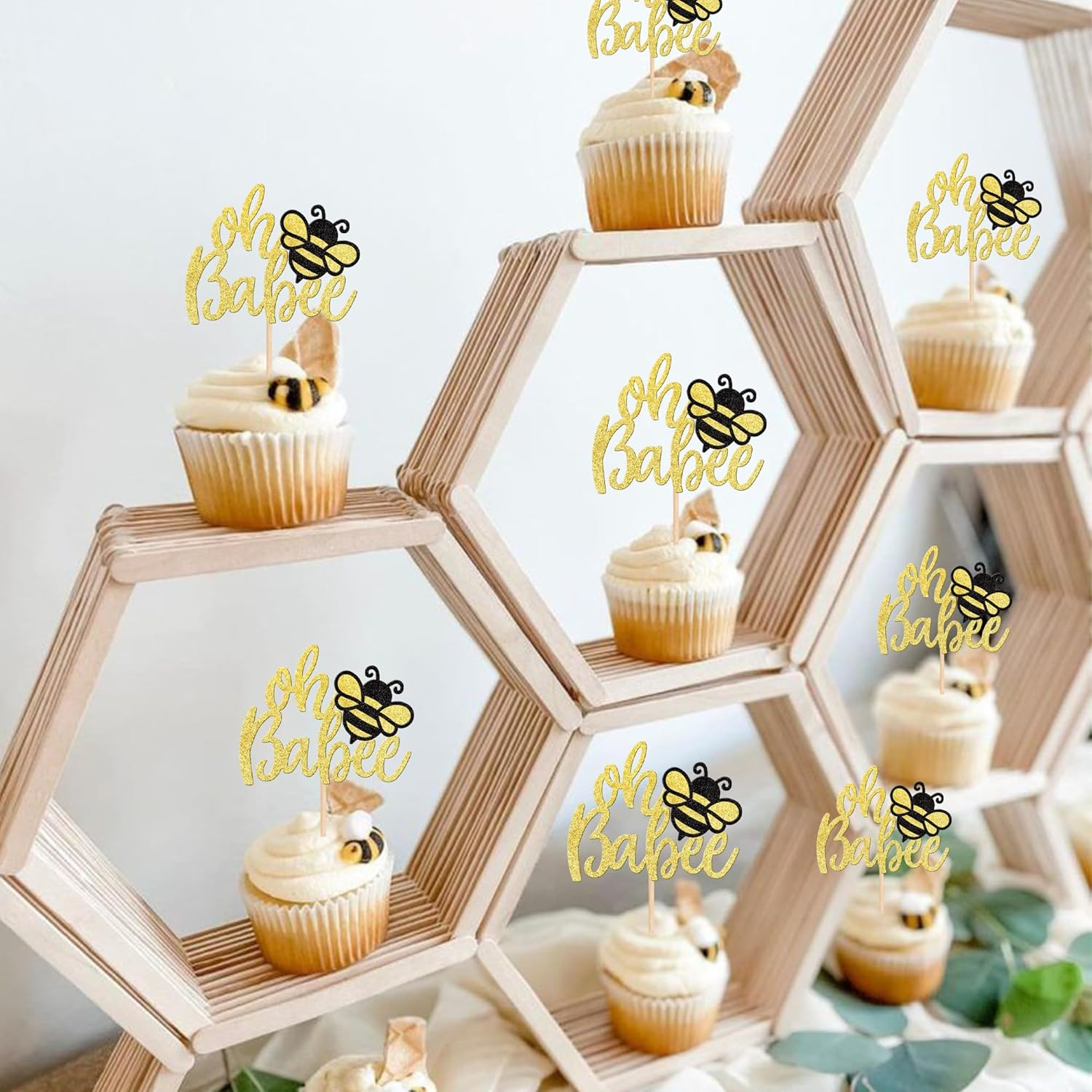 24 Pack Bumble Bee Oh Babee Cupcake Toppers Glitter Honeybee Oh Baby Cupcake Picks for Bee Theme Baby Shower Kids Birthday Party Cake Decorations Supplies Gold image number 5