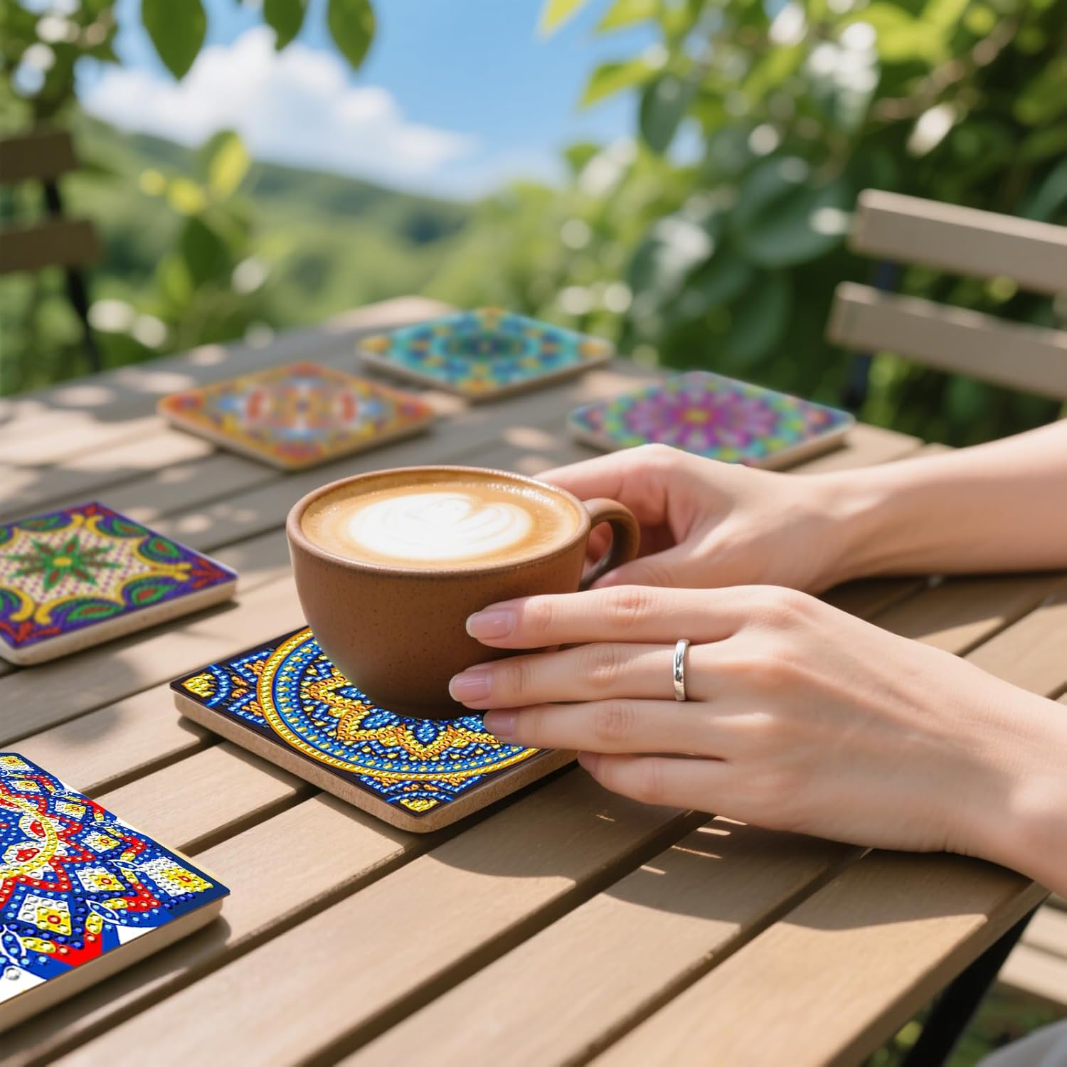 8 Pcs Diamond Paintings Coasters with Holder Small Diamond Art Painting Kits 5D DIY Diamond Paintings Kit Coaster for Adults Beginners Kids Drinks Craft Supplies Home Decor Present image number 1