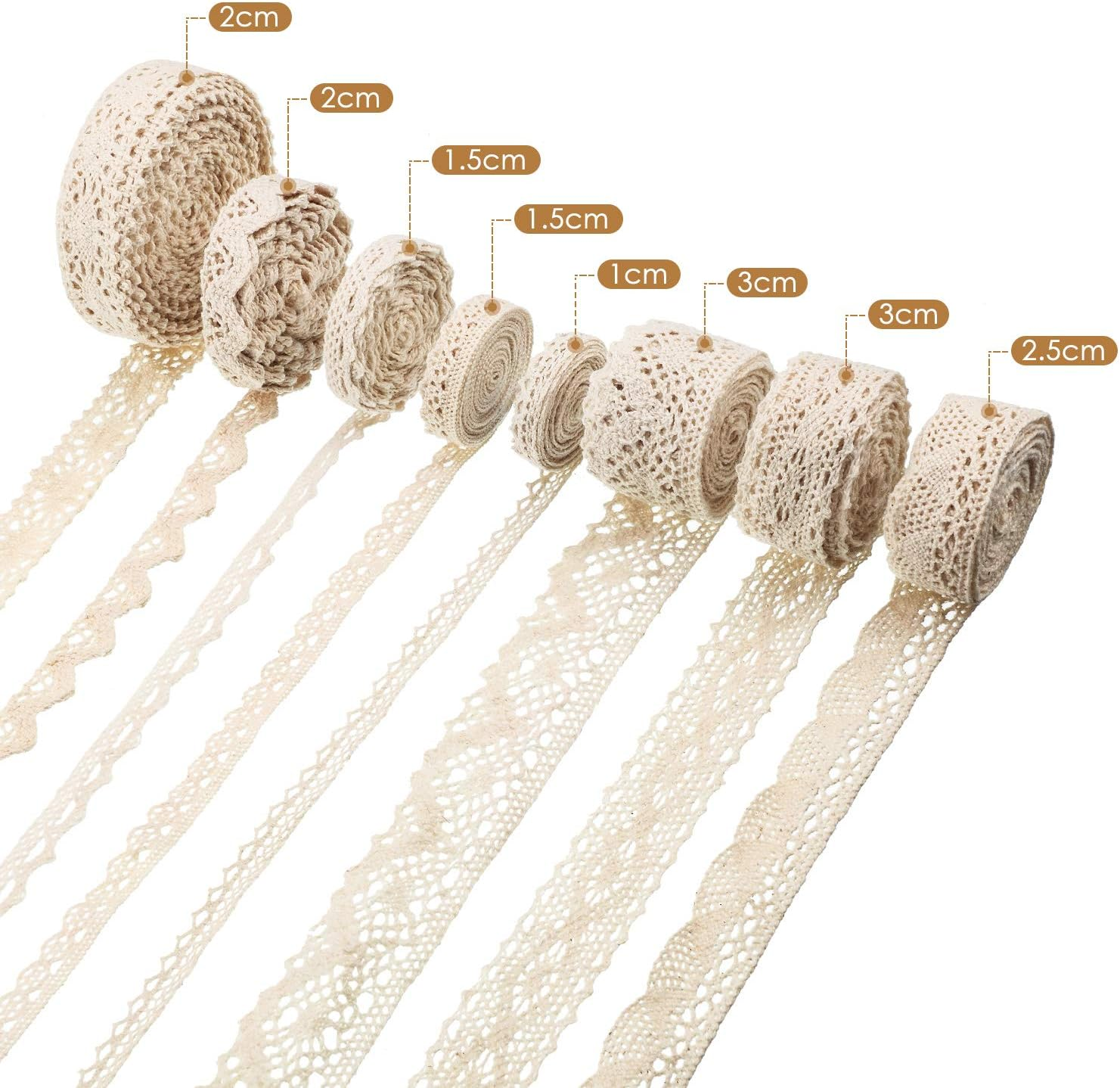 Tatuo 40 Yards Cotton Lace Trim Vintage Ribbon Crochet Cotton Lace Scalloped Edge for Bridal Wedding Decoration Christmas Package DIY Sewing Craft Supply, 5 Yards Each, 8 Styles(Beige) - Beige image number 6