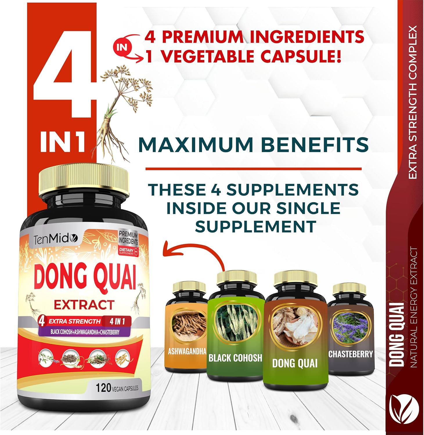 Dong Quai Supplement Capsules, 4 Months Supply with Black Cohosh, Chasteberry, Ashwagandha - 120 Vegan Extract Capsules image number 5