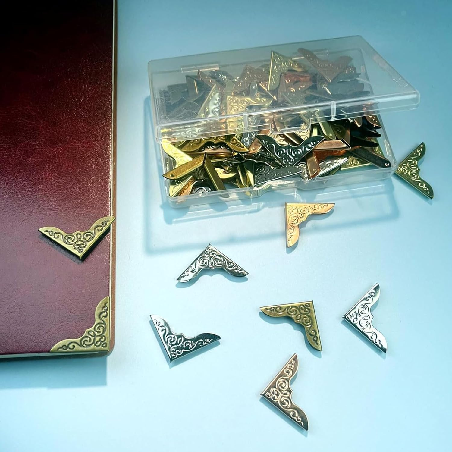 80Pcs Metal Book Corner Protector, 4 Colors Protective Corner Edge Decoration for Books Vintage Corner Protection Vintage Photo Corners Decorative Protector for Scrapbook Menus Folder Book image number 6
