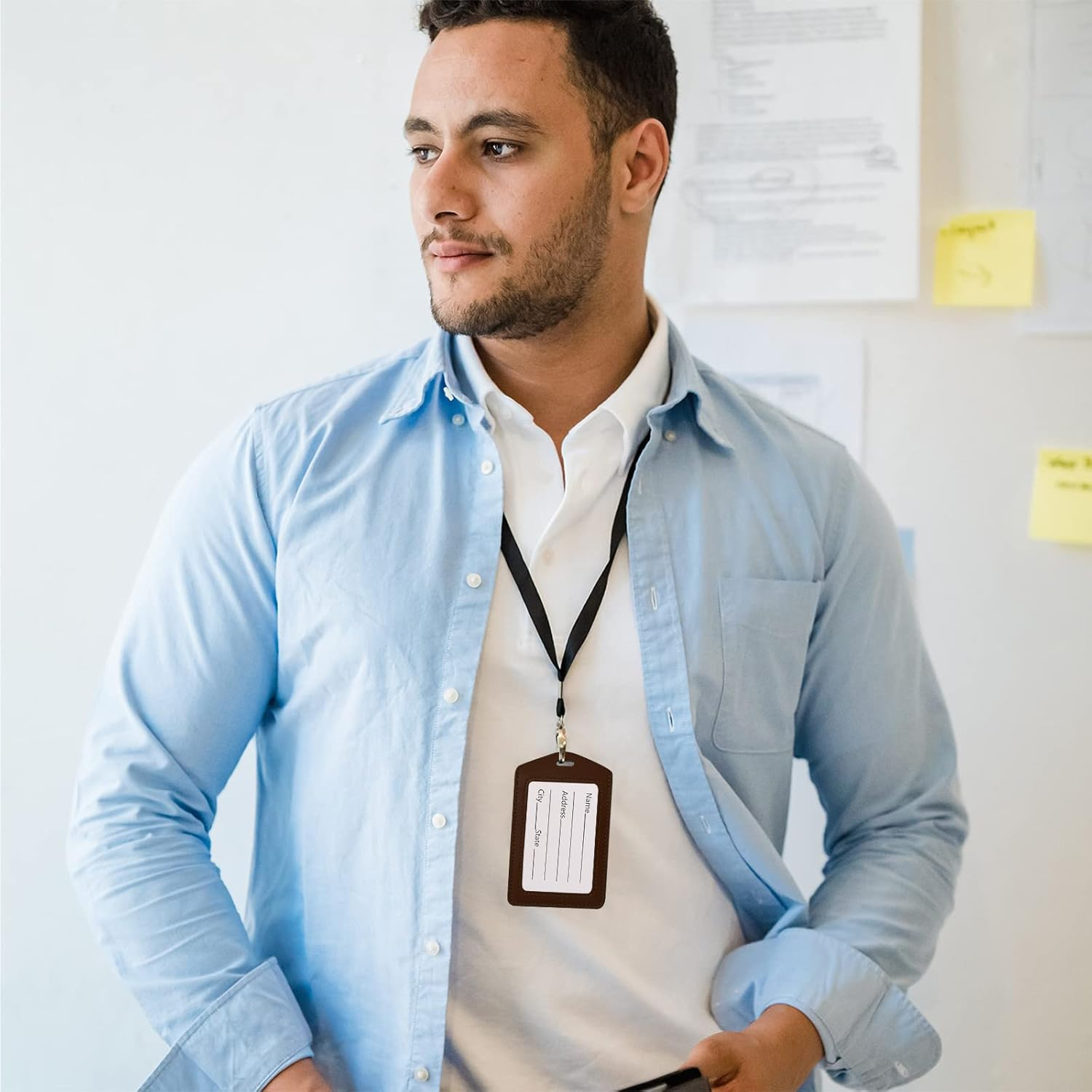 2 Pack Genuine Leather ID Badge Holders, Vertical ID Card Holders with Dual-Side Clear Window, Waterproof Name Badge Holde Suit for Office, Staff, Students, Employees(Blue&Coffee) - Style 2 image number 4