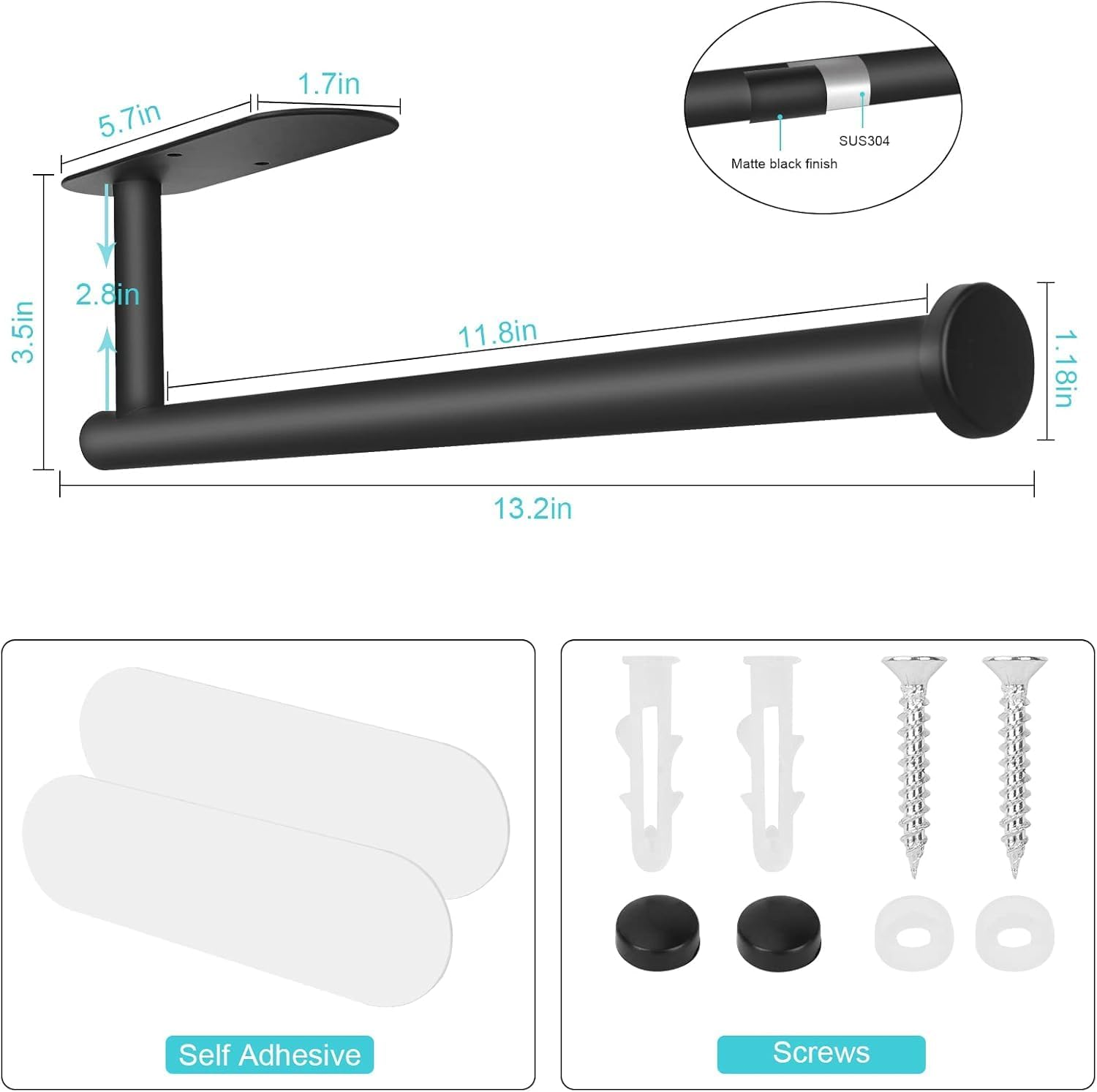 Paper Towel Holder, under Cabinet Paper Towel Holder Wall Mount for Kitchen, Premium Stainless Steel Holder, Aesthetic Design Black Paper Towel Rack image number 2