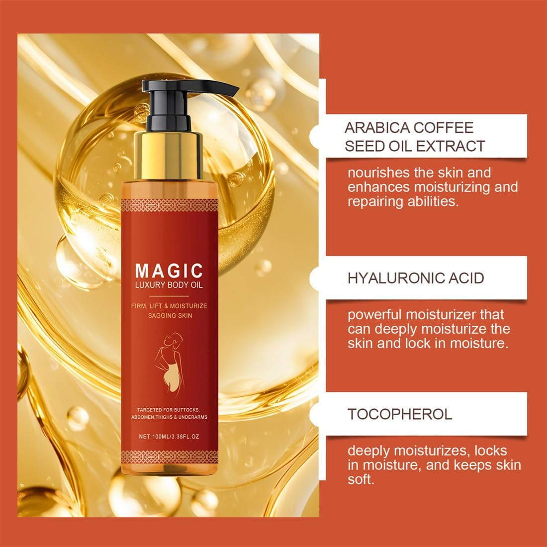 2PCS Magic Body Firming Oil Full Body Use, Hydrating and Firming Skin Oil for Arms, Chest, and Thighs with Vitamin E, Rosehip, and Coffee Seed Oil for All Skin Types image number 4