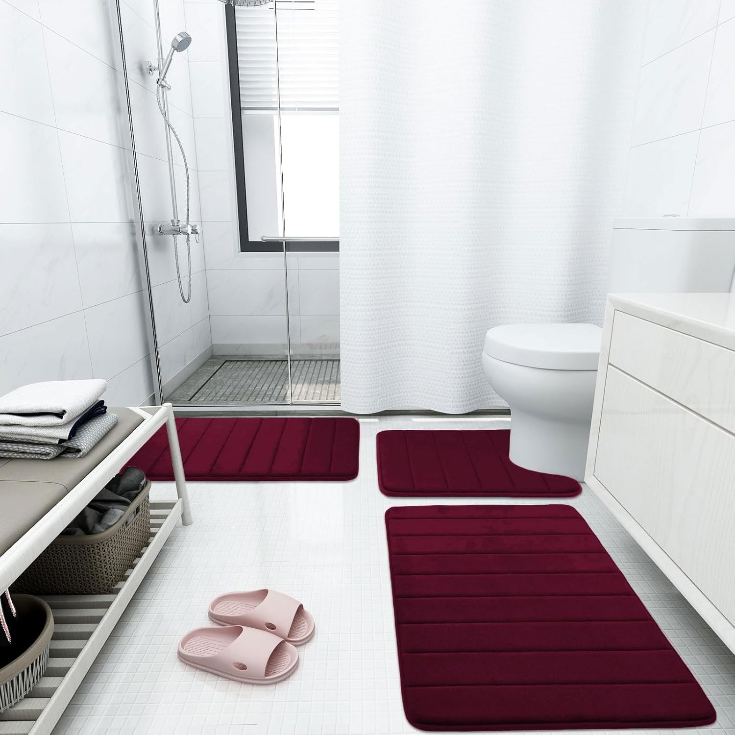 Buganda Memory Foam U-Shaped Contour Toilet Rugs, Non Slip Absorbent Toilet Mat, Thick Soft Washable Bathroom Rugs, Floor Carpet Bath Rugs Mat for Toilet Base (24" X 20", Burgundy) image number 3