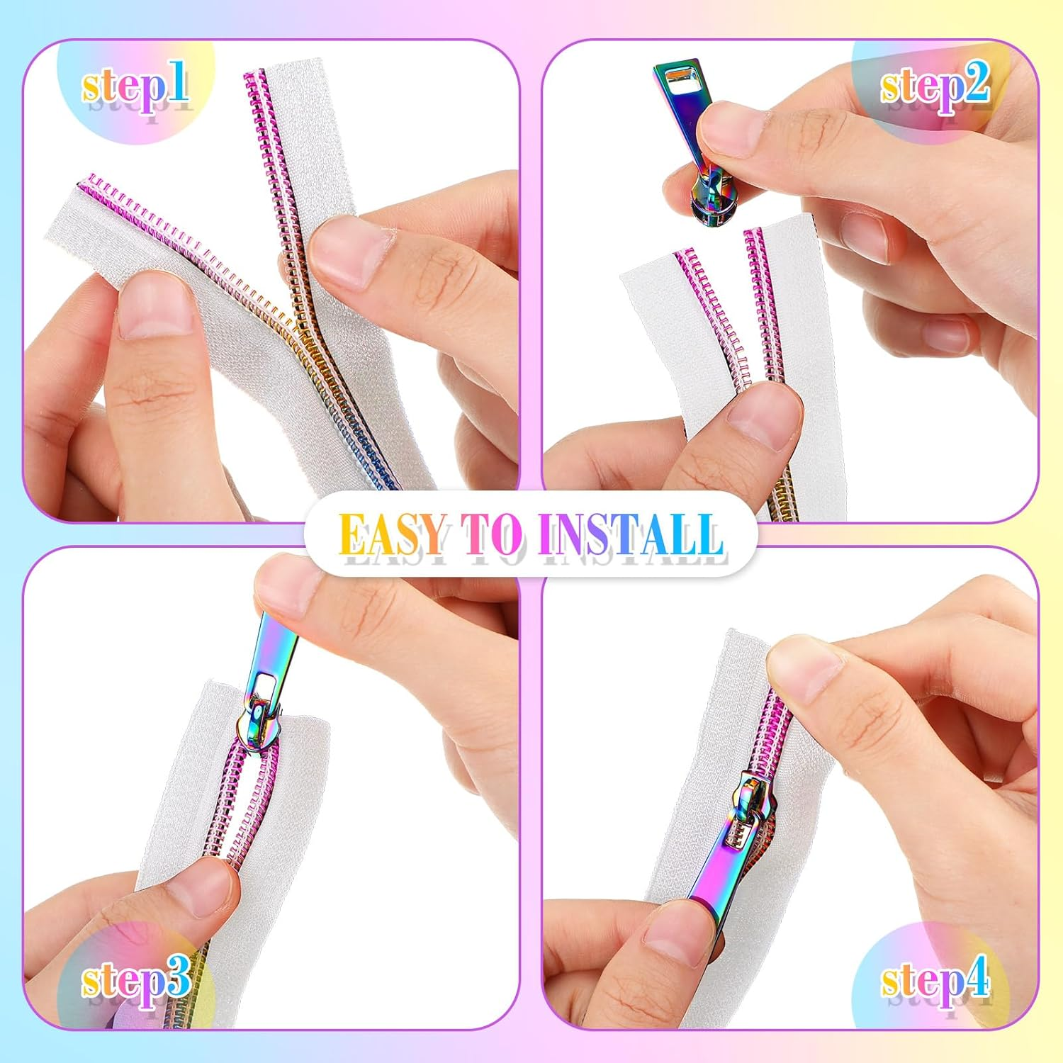 Zeyune #5 Rainbow Zipper Tape by the Yard 10 Yards Rainbow Teeth Nylon Zipper with 20 Pcs Colorful Metal Slider Pulls (10 Styles) for DIY Sewing Tailor Crafts (White) image number 2