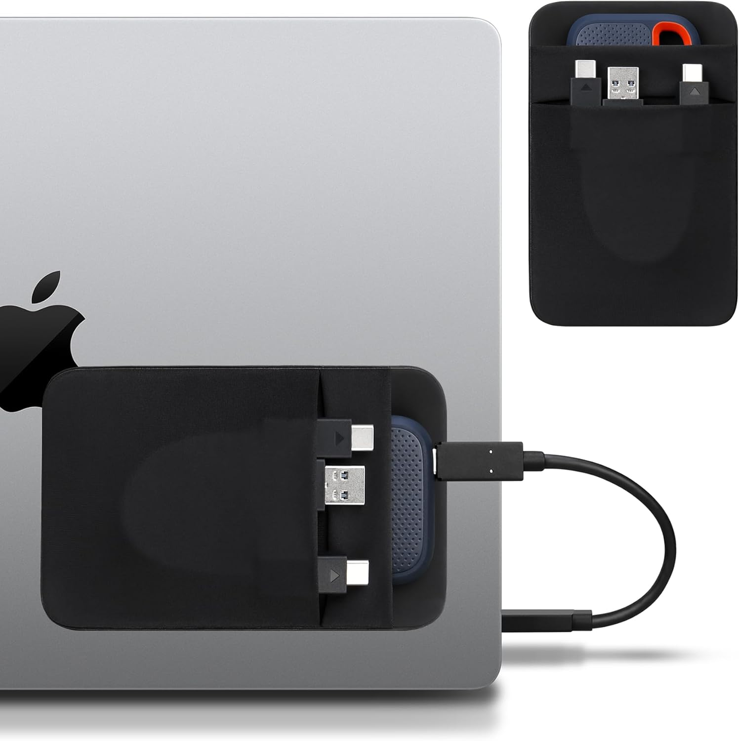 Lacdo Portable Hard Drive Sleeve for Laptop, 2-Pocket Stick on Pouch with Reusable Adhesive, for San Disk, Samsung, Crucial, Portable External Solid State Drive SSD Hard Drive Carrying Case, Black image number 4