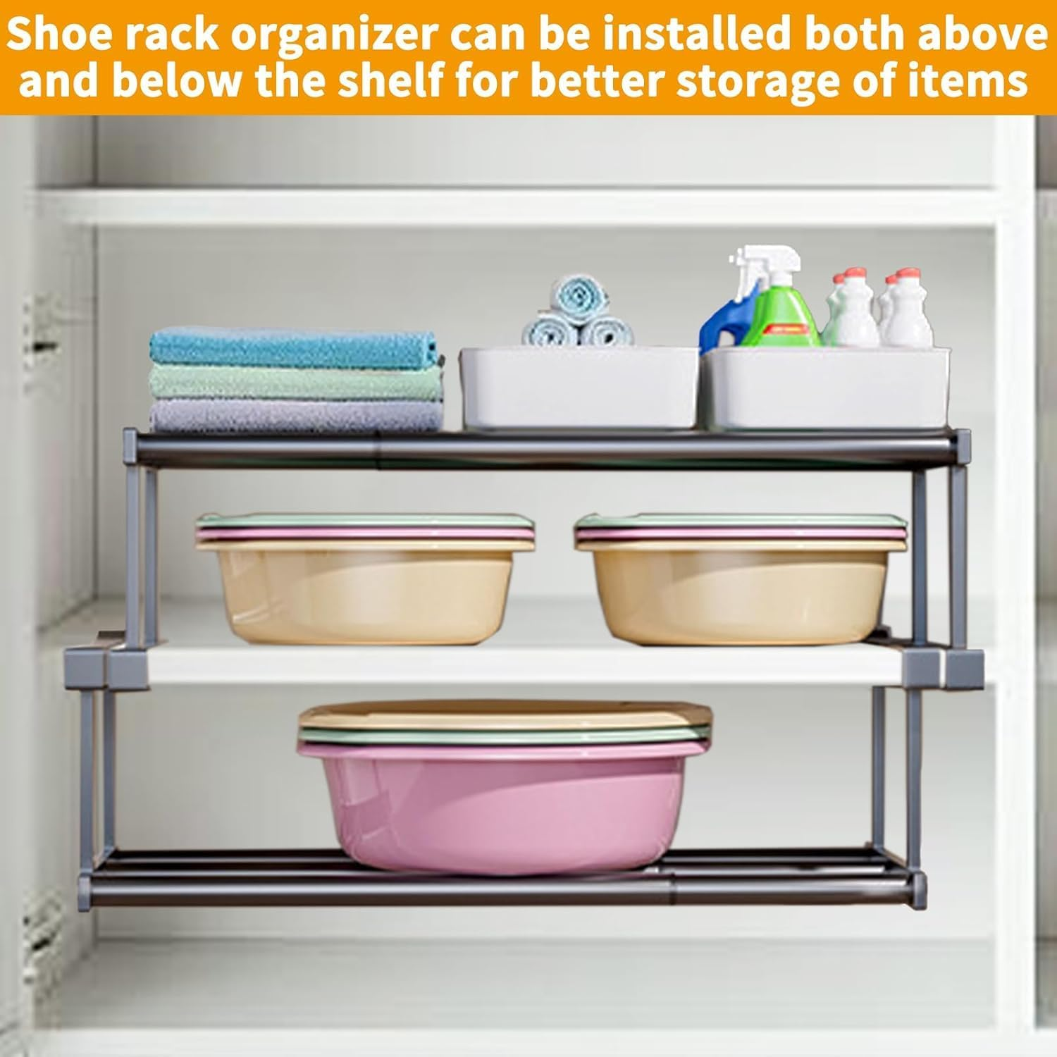 2 Pcs Expandable Shoe Rack Organizer,Metal Hanging Shoe Rack for Kitchen,Book or Clothing Storage and Organization,Under Shelf Storage image number 5