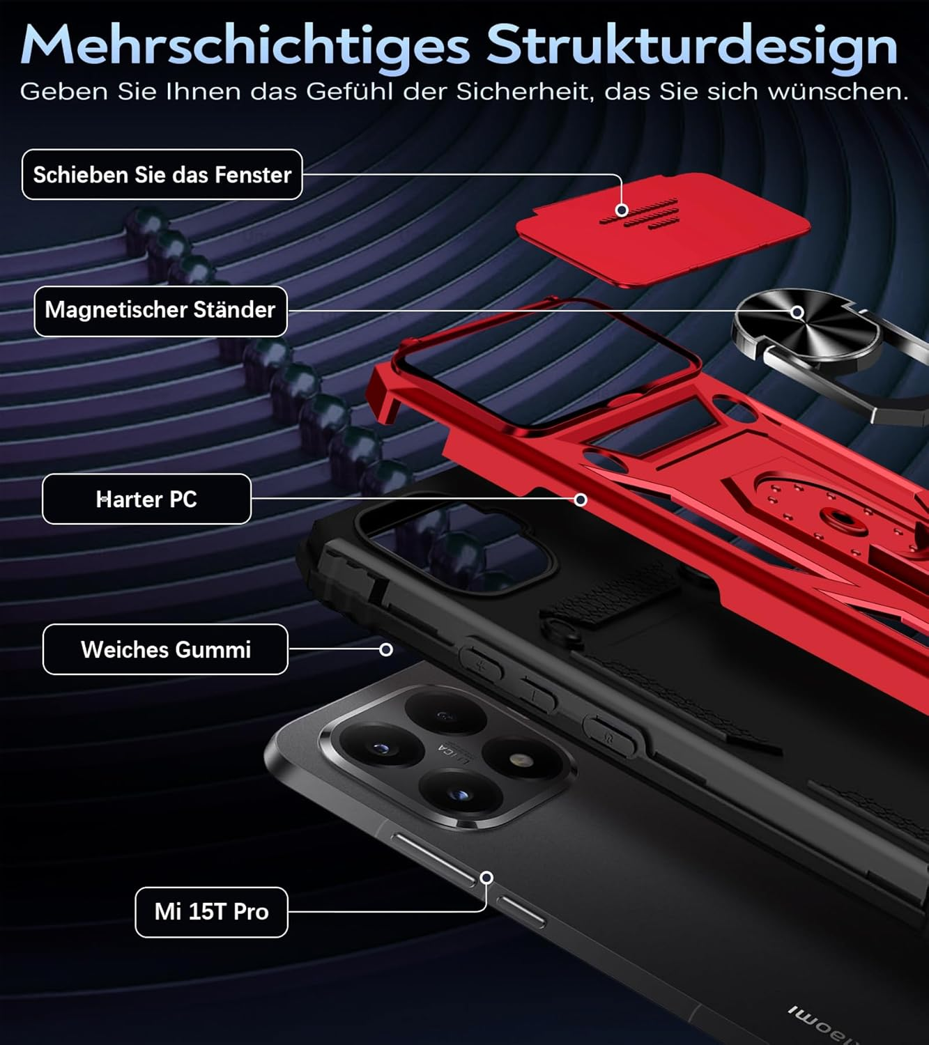 Camera Protection Mobile Phone Case for Xiaomi 15T Pro 5G Case with Xiaomi 15T Pro Screen Protector, 360&deg; Magnetic Metal Ring Holder Stand Mobile Phone Case PC & TPU Military Kickstand Shockproof image number 2