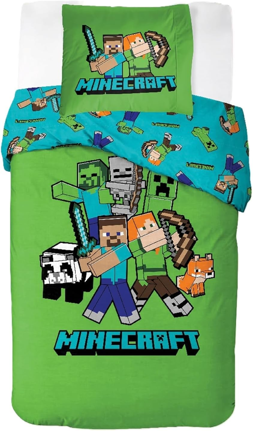 Minecraft Bedlinen Single Size | Duvet Cover 140X200 Cm + Pillowcase 60X65 Cm, 100% Cotton | Soft, Colorful & Reversible Bedding Set for Kids | Minecraft ''Jungle Explore'' Design