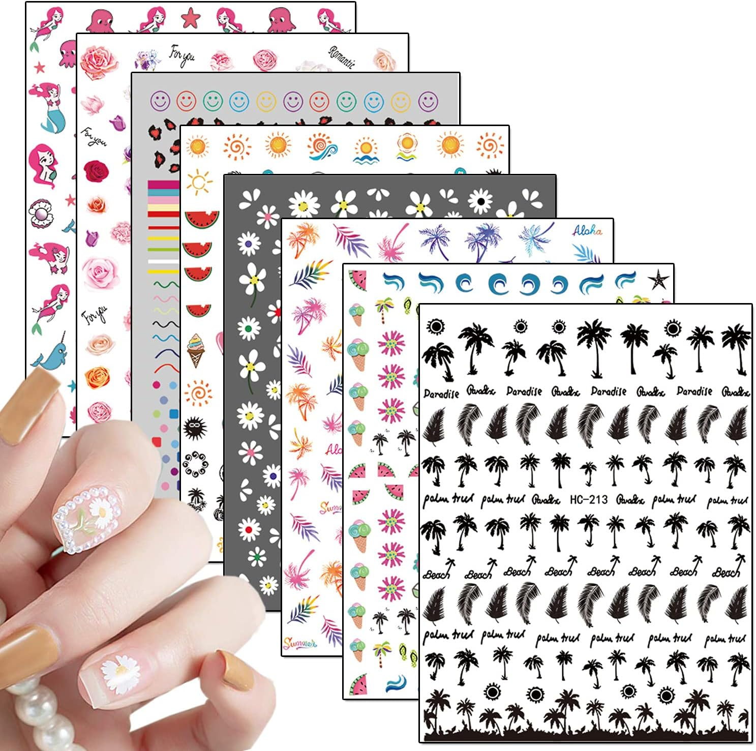 8 Sheets Nail Stickers - Holographic Flowers, Leaf, Mermaid, Leopard, Coconut Tree Designs for Women, Girls & DIY Nail Art image number 4