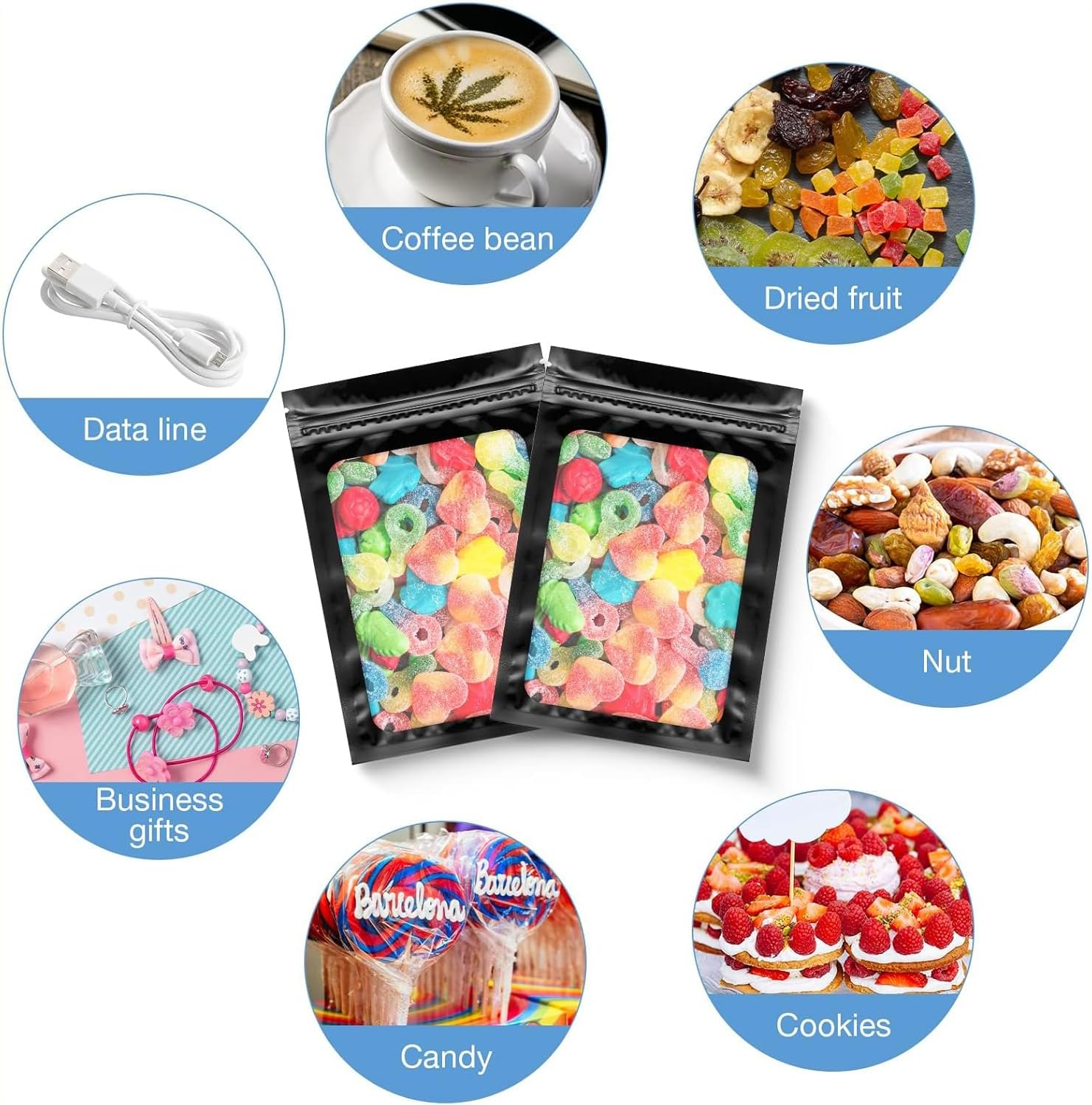 100PCS Black Holographic Mylar Resealable Packaging Bags for Small Business, Smell Proof with Front Clear Window, Foil Pouch for Food, Candy, Jewelry, Goodie (7X10Cm) image number 5