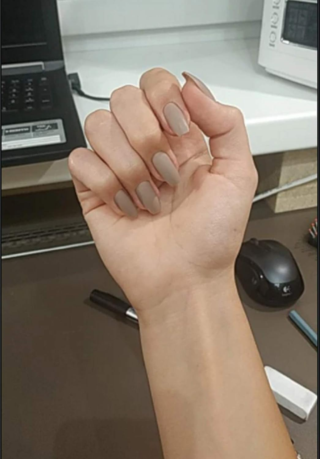 VIKSON INTERNATIONAL Khaki Brown 24 Pcs MATTE Finish Pre-Design French Manicure Full False Fake Nails with 1 Nail Glue Sticker Sheet. image number 1