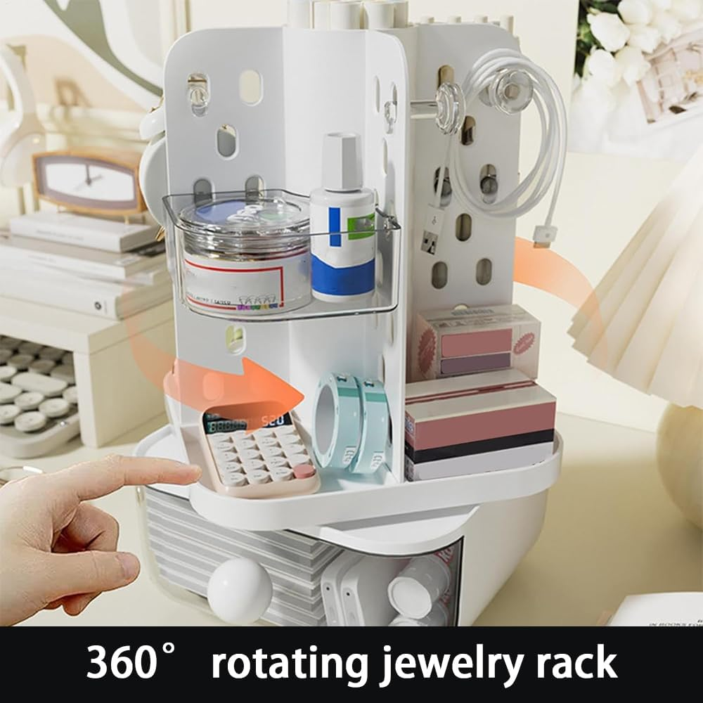Ranqisys Rotating Desktop Organizer with Drawers &ndash; Large-Capacity Multifunctional Storage Box with Pegboard, Desk Organizer for Stationery, Markers, Brushes, Scissors, Lipsticks & Jewelry image number 2