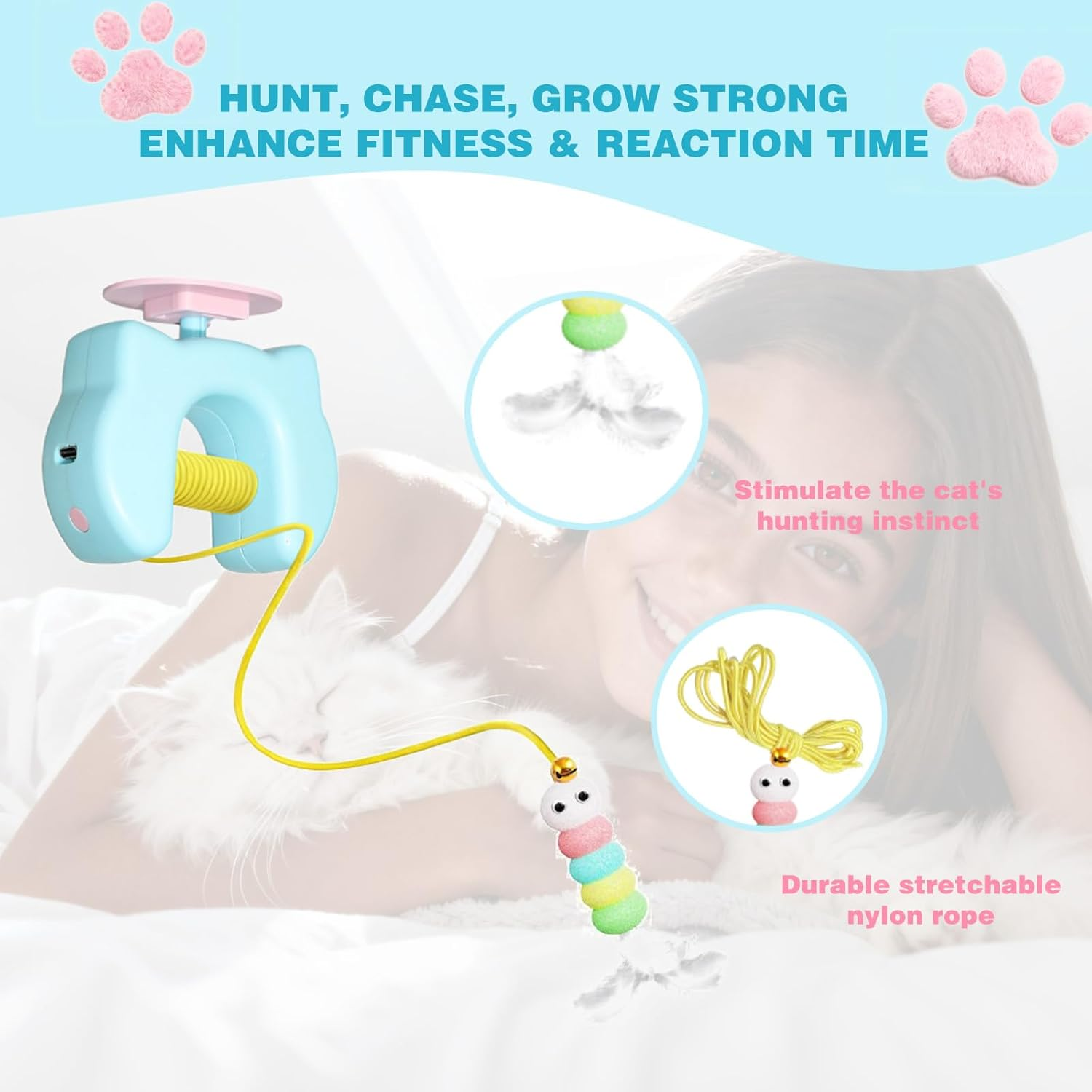 Upgraded Interactive Cat Toy with 2 Replaceable Feather Tops & 1.8M Long Rope | Hanging Toy for Door & Wall | Automatic Retractable Feather Toy for Indoor Cats | Kitten Chase Exercise Playing image number 4