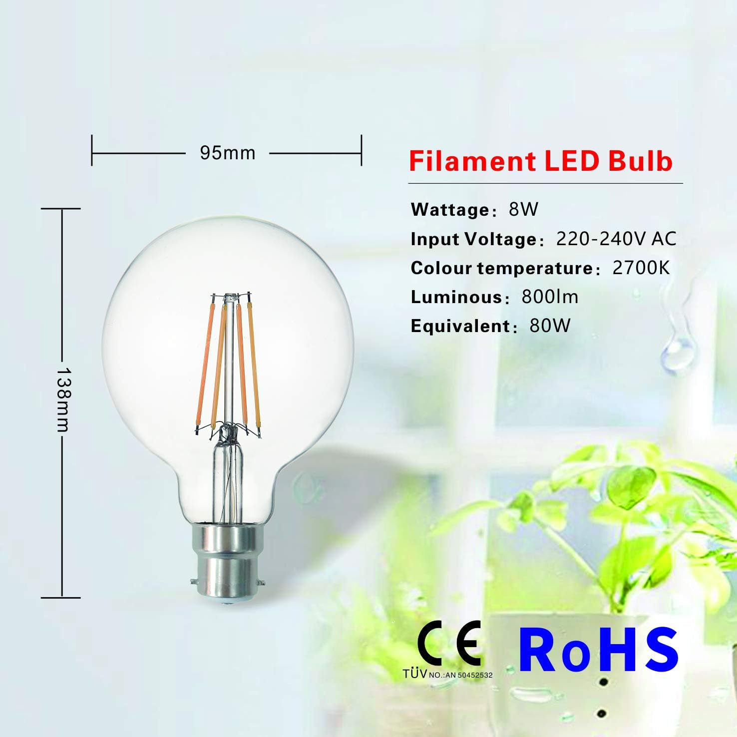 SD LUX B22 LED Bulbs Globe BC Vintage Filament Led Light Bulbs,G95 No Flicker Edison Bayonet LED Bulbs - 8W 850LM Warm White 2700K,Non-Dimmable, 2 Packs image number 5