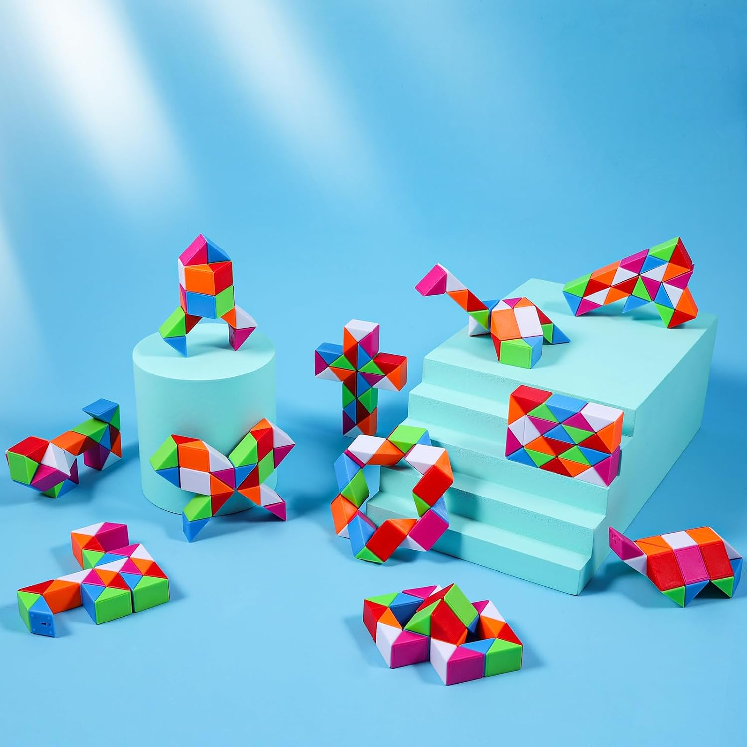 JOLLYFUN 12 Pack Magic Snake Cube Fidget Toys for Kids - 24 Blocks Rainbow Twist Puzzle, Party Favors, Classroom Prizes, Birthday Goodie Bag Fillers, Stress Relief Sensory Toys image number 2
