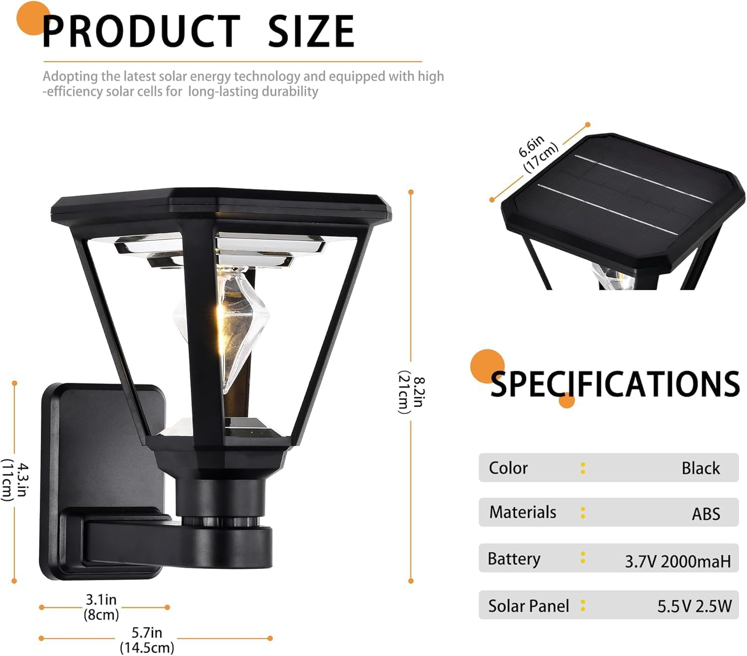 Solar Wall Light Outdoor &ndash; Modern Black Solar Lights LED Lantern,2700K Warm White, Waterproof,21 Cm, No Wiring &ndash; Wall Lamp for Garden, Fence, Garage image number 1