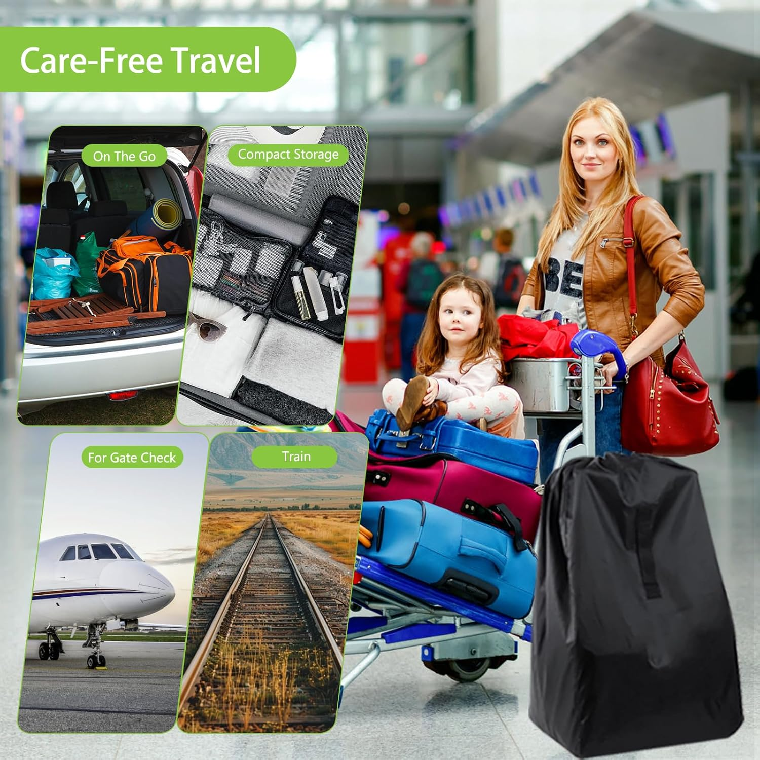 2 Pack Durable Easy Carry Baby Car Seat Travel Bag, Gate Check Airport Water Resistant Protector Bag, Fits Convertible Car Seats, Infant Carriers, Booster Seat, Air Travel Cover for Airplane, Black