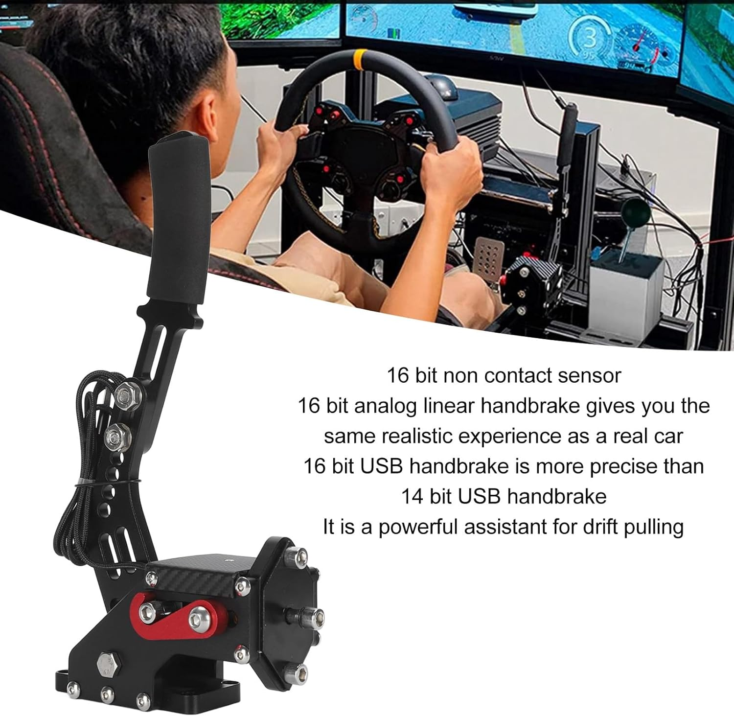 PC Racing Game USB Handbrake 16Bit for G27 G29 G920 G923 T500 T300 FANATECOSW LFS Dirt Rally with Adjustable Height (Black) image number 1