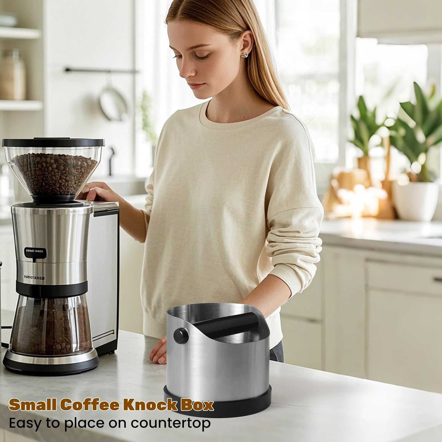 CHDEXU Coffee Grounds Knock Box, Small Stainless Steel Espresso Coffee Knock Box, Coffee Grind Knock Out Box with Removable Knock Bar and Coffee Brush, Coffee Grounds Container with Non-Slip Base image number 3