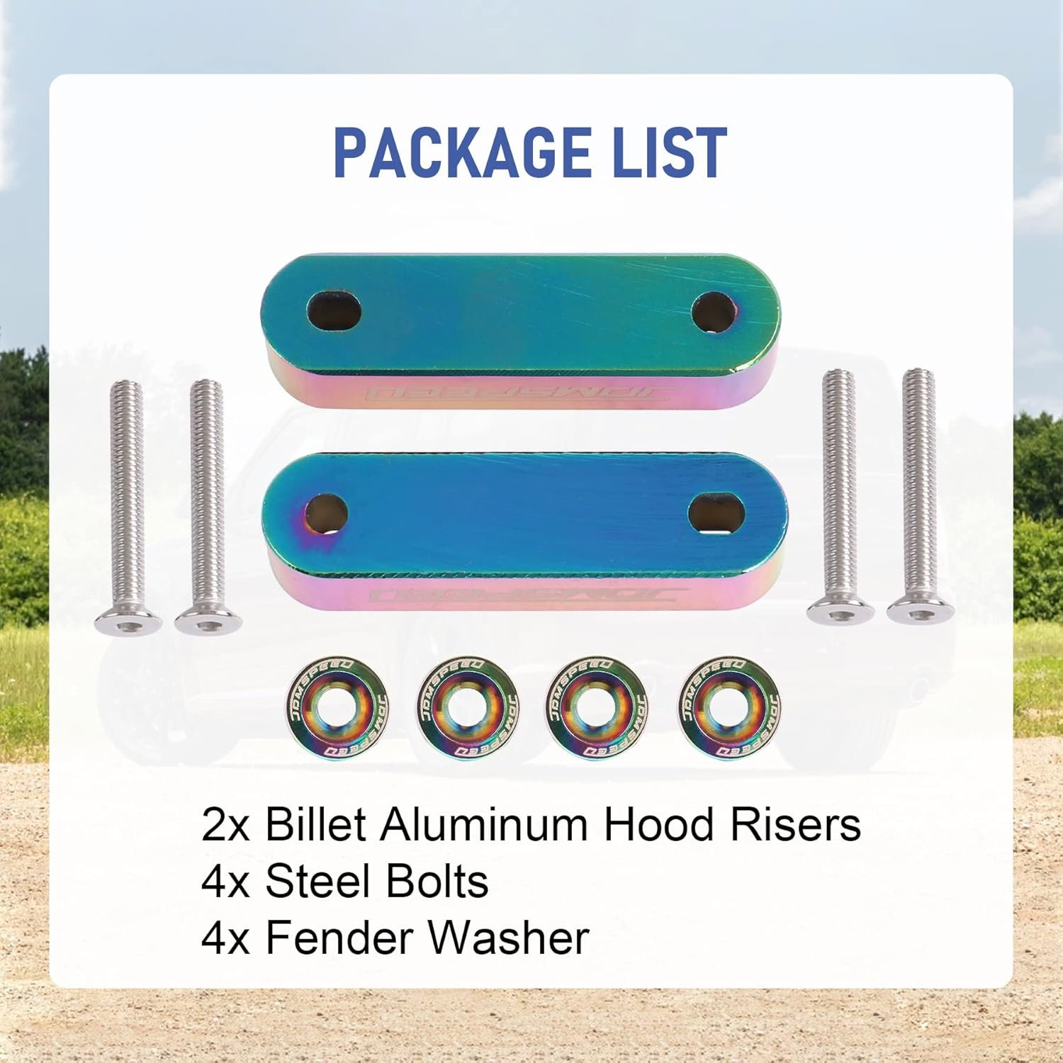 JDMSPEED Neo Chrome CNC Billet 3/4" Replacement for Hood Vent Spacer Riser Kit + Bolts + Washers - Neo Chrome image number 6