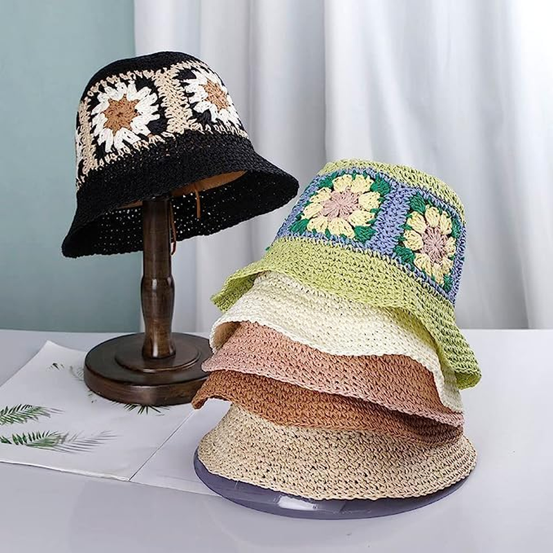 Womens Straw Sun Hat Woven Bucket Hat Floral Fishing Hat Beach Hat Foldable Cap Summer Chic Straw Chic Hat Pink image number 2