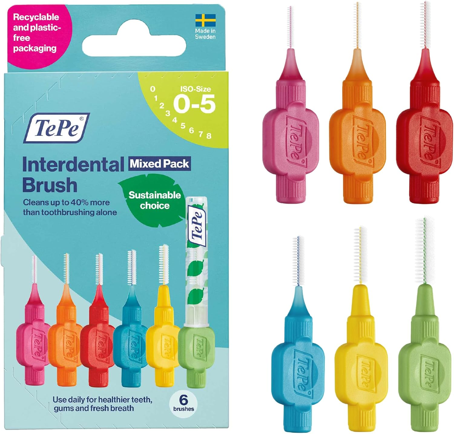Tepe Interdental Brush, Original, Mixed Pack, 0.4-1.3Mm/Iso 0-7, 6Pcs, Plaque Removal, Flossers for Narrow to Wide Gaps, Carton Pack