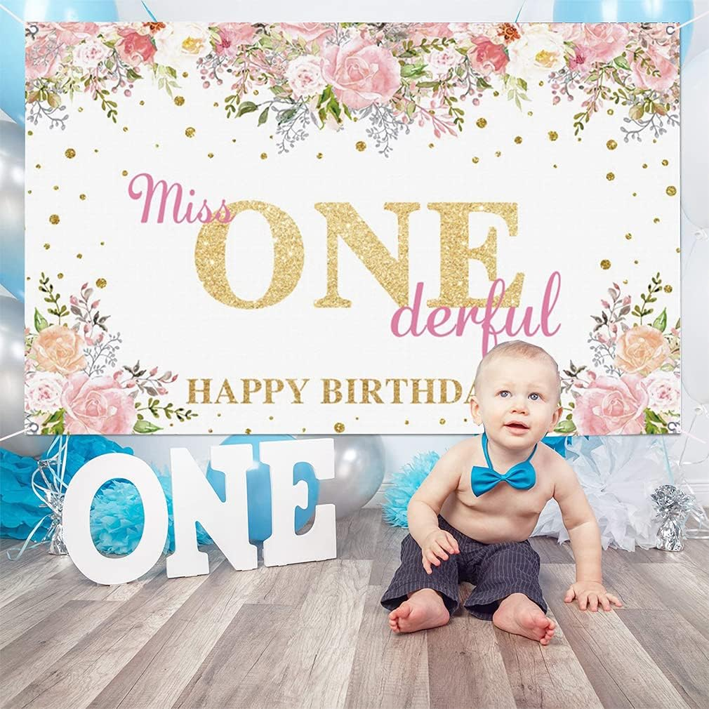 Miss Onederful Birthday Backdrop Watercolor Flowers Golden Dots First Birthday Photography Backdrop Baby Girl Happy 1St Birthday Party Decorations Supplies 120Cm image number 2