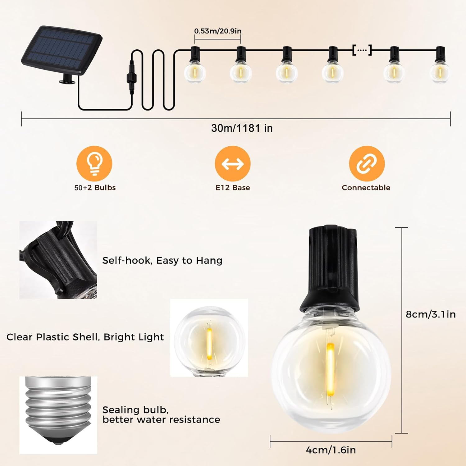 Advwin Festoon Lights Outdoor, 30M String Lights with 50+2 LED Bulbs, Solar String Lights, 4 Lighting Modes, Timer & Memory Function, Waterproof Solar Lights, for Christmas, Garden, Party, Camping image number 1