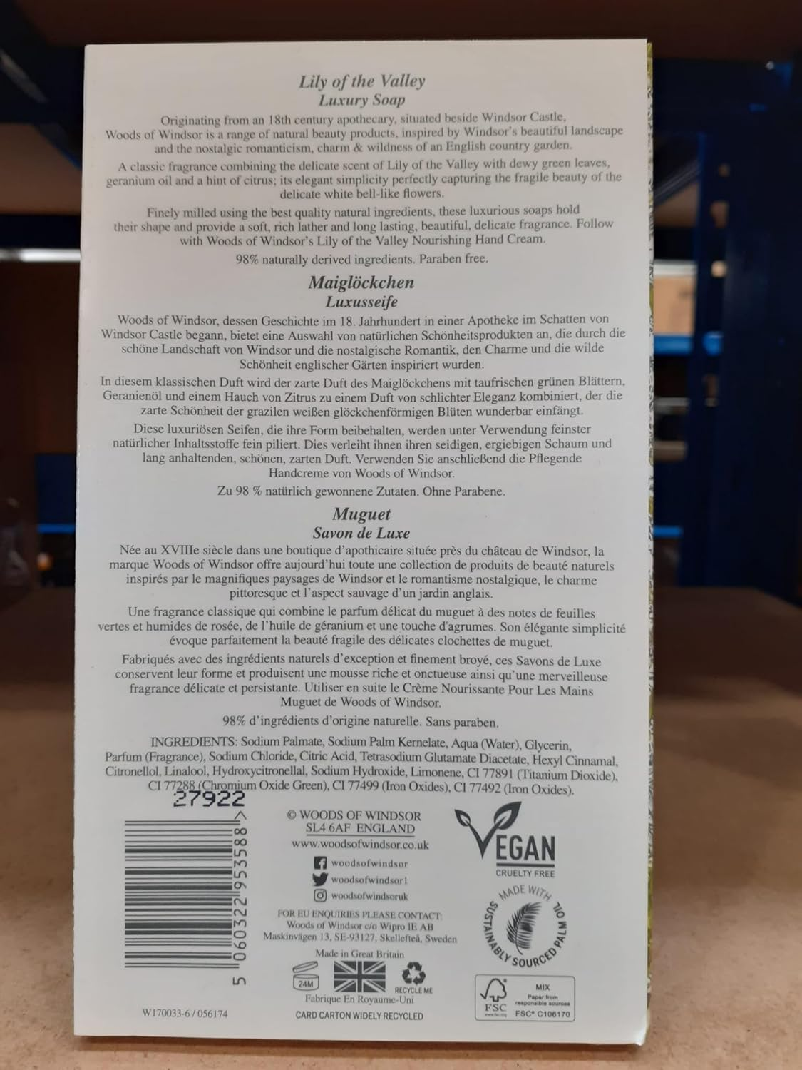 Woods of Windsor Lily of the Valley Soap Bars, Moisturising Soap Bar with Shea Butter, Vegetable Based Fine Milled Soap with Notes of Geranium and Citrus, Hand and Body Soap, Lily of the Valley Scent 3 X 60G image number 2