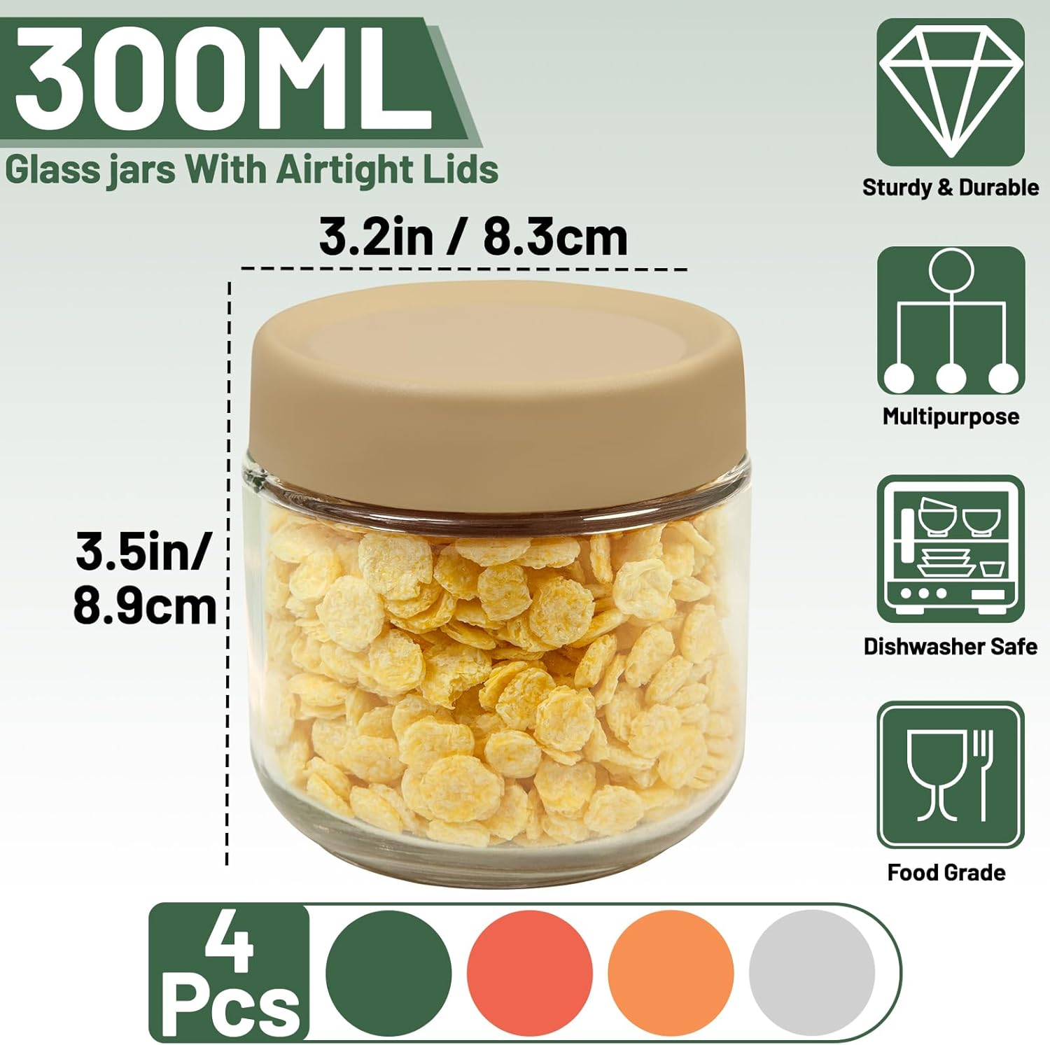 300ML Overnight Oats Containers with Lids,4 Pack Glass Storage Jar Sealing Cover Wide Mouth Mason Food Jar for Overnight Oats Snacks Salad Dressings Fruits Vegetables Yoghurt image number 3