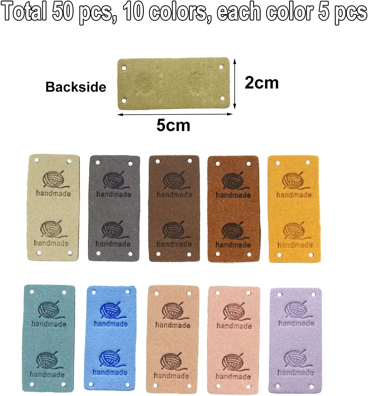 Gewene 50 Pcs Faux Leather Label Handmade Tag Label Folding Handmade Tags Button Holes Embossed Tag Embellishment Knit DIY Jeans Bags Shoes Hat Crafts, Knitting and Crocheting(Yarnball, 10 Colors) - Yarnball 10 Colors image number 3