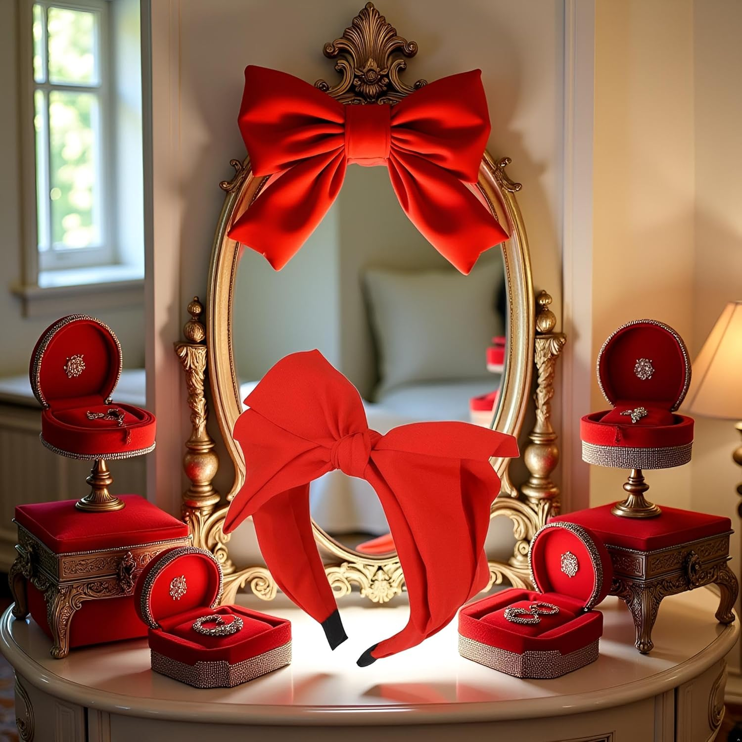 1Pc Red Women'S Bowknot Headband,Exquisite Knotted Bow Headbands for Women Headbands with Double Layer Bows Red Top Knot Bows Head Band Accessories for Women Girls Hair Care Accessories image number 2