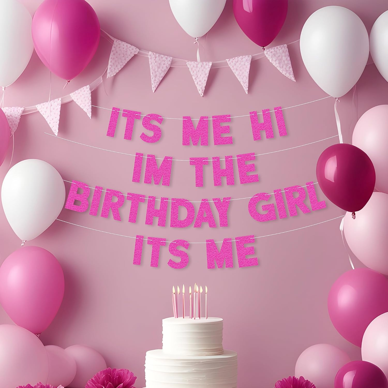 Pre-Strung Birthday Banner It'S Me Hi I'M the Birthday Girl It'S Me Glitter Pink Banner for Taylor Swifties Birthday Party Decoration