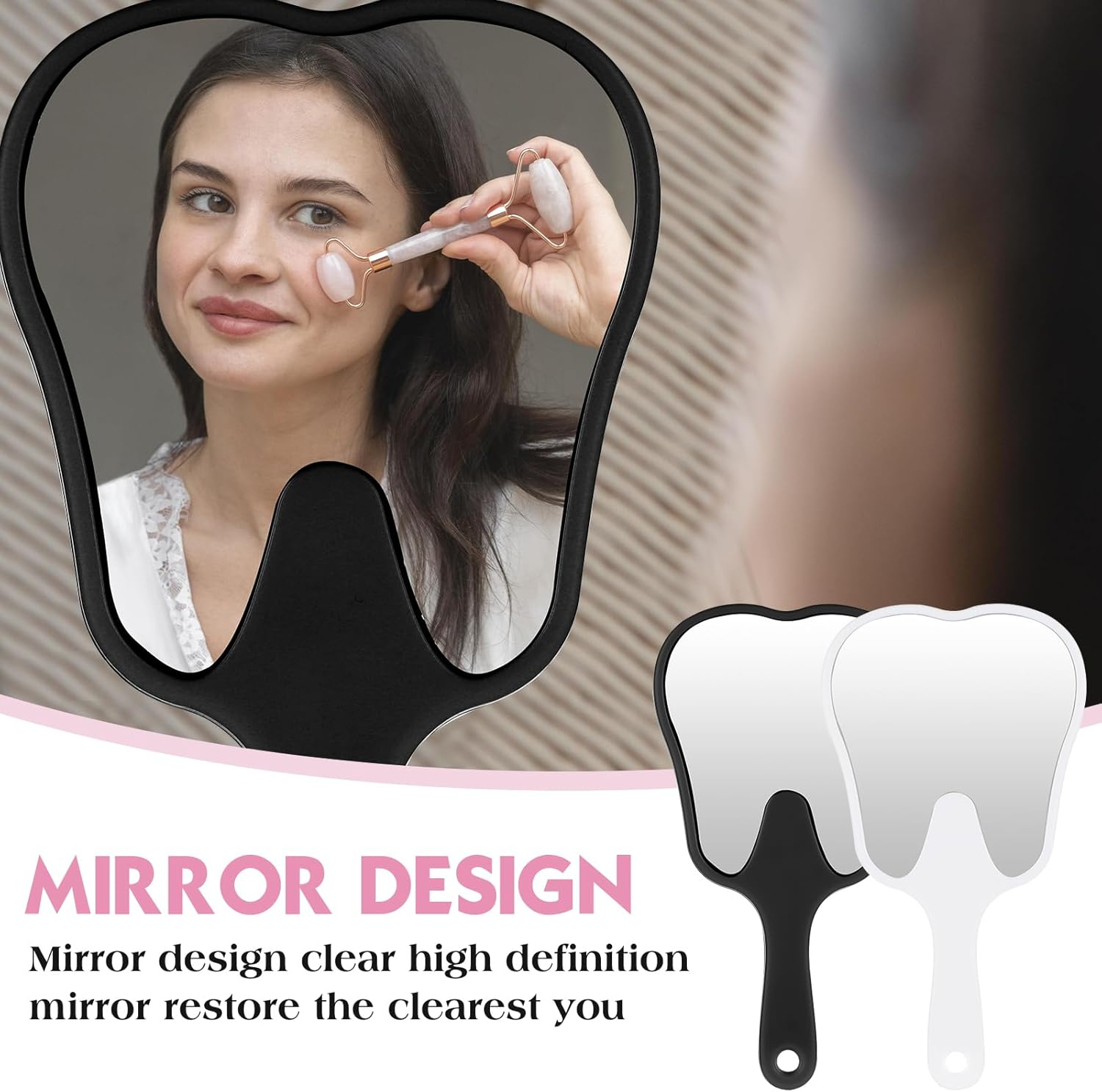Gjinxi Tooth Shaped Handheld Mirror 2 Pcs Makeup Mirrors with Handle Portable Cosmetic Mirror Cute Dental Mirrors Single Sided Vanity Mirror Travel Looking Glass Reflector Tool for Daily Women - White, Pink image number 5