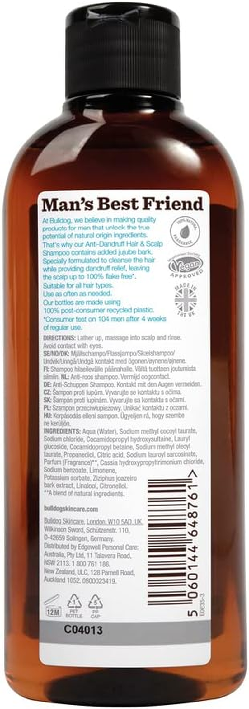 Bulldog Skincare for Men - Anti-Dandruff Hair & Scalp Shampoo 300Ml, with Jujube Bark, 100% Natural Fragrance, Recycled Bottle, Vegan, Dandruff-Relief, Cleanse & Soothe image number 4