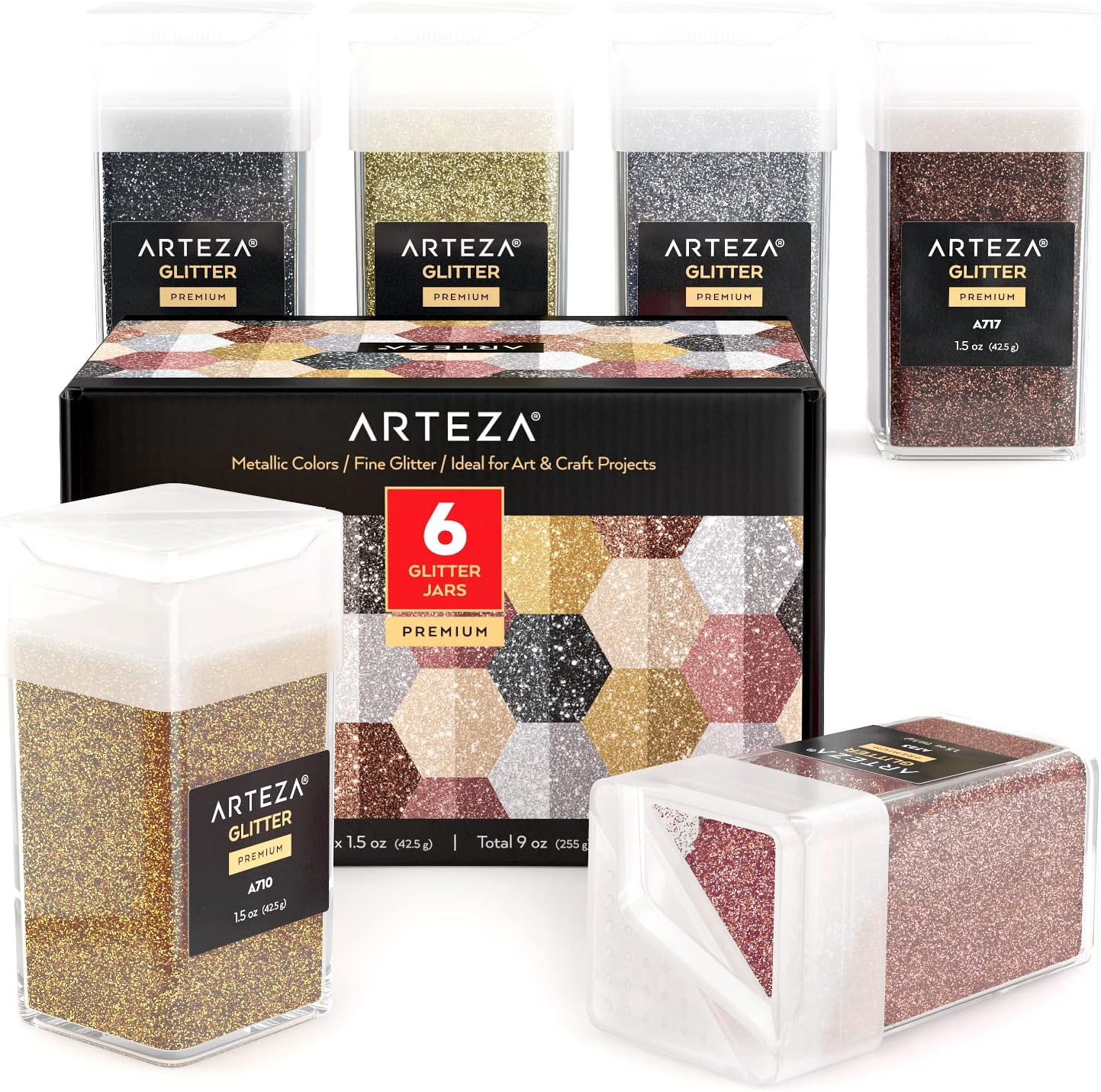 Arteza Fine Glitter, Set of 6, Metallic Glitter for Resin in 1.5-Oz Bottles, Arts and Crafts Supplies for Art Class, After-School Programs, and Holiday Craft Projects image number 2