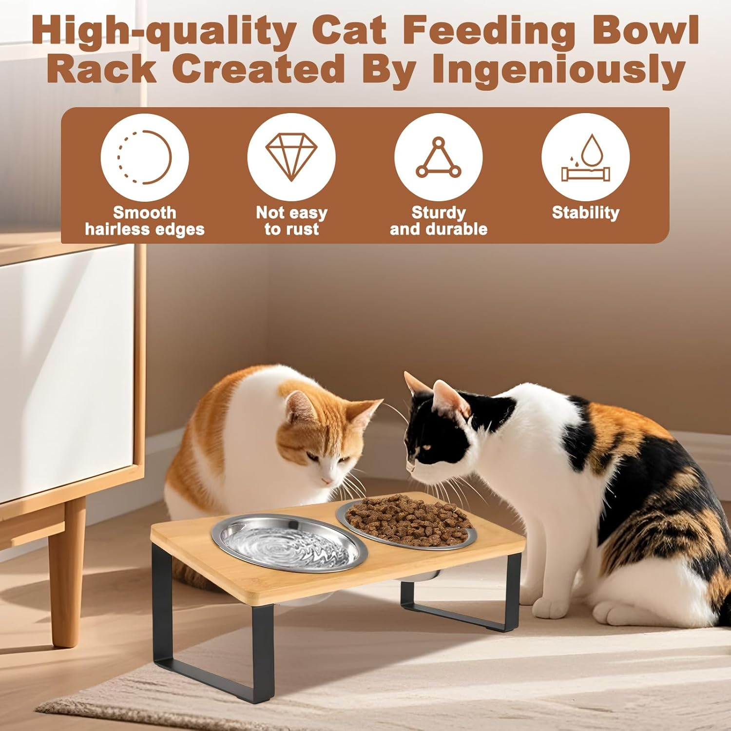 Elevated Cat Food Bowls with Non-Slip Mat, 15&deg; Tilted Stainless Steel Raised Feeding Dishes, anti Vomiting Station for Pet Food & Water, Durable Bamboo Stand Bowl for Cats & Small Dogs image number 3