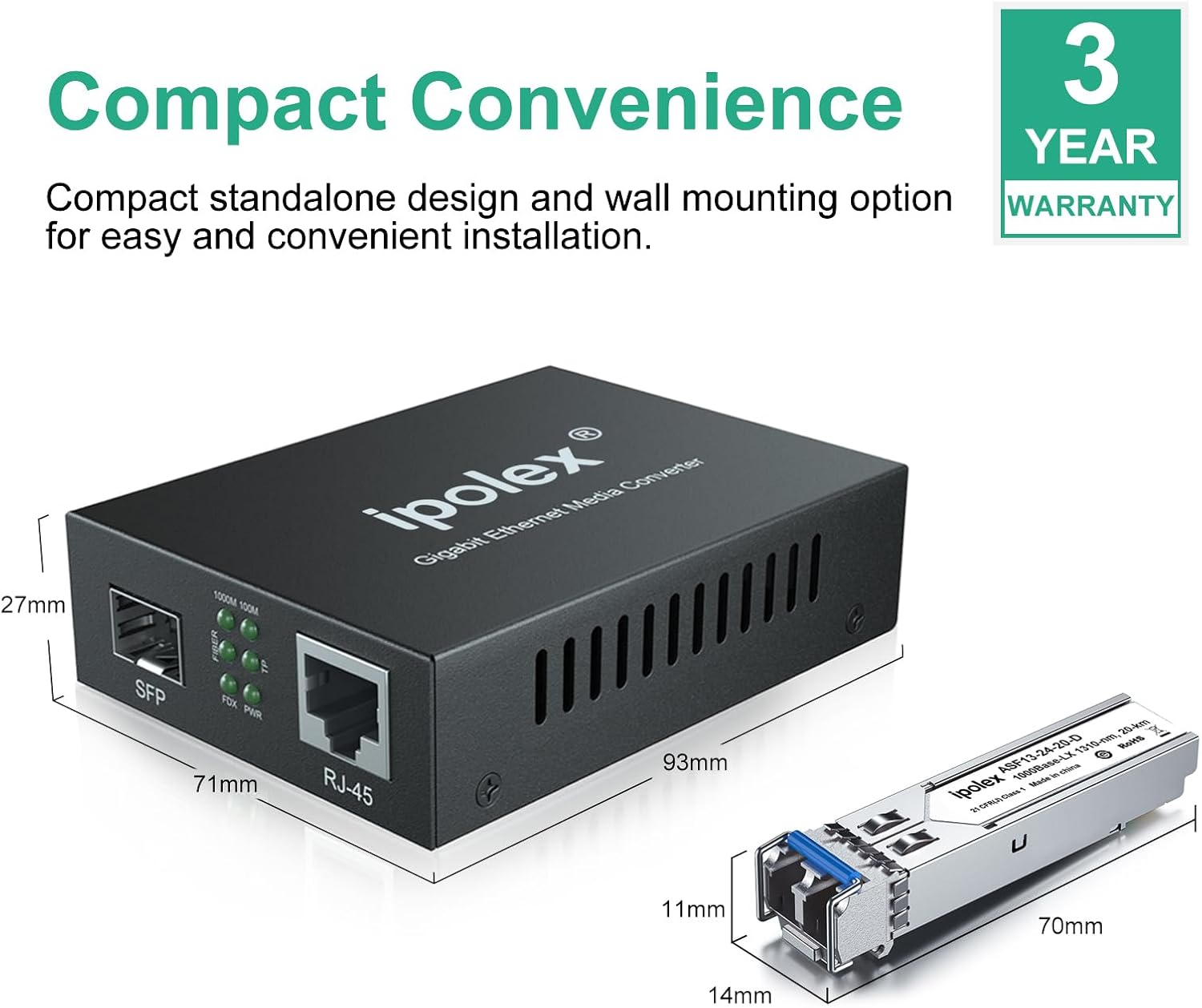 Gigabit Fiber Media Converter Single-Mode LC (SFP LX Transceiver Included), up to 20KM, 10/100/1000Base-Tx to 1000Base-Lx image number 5