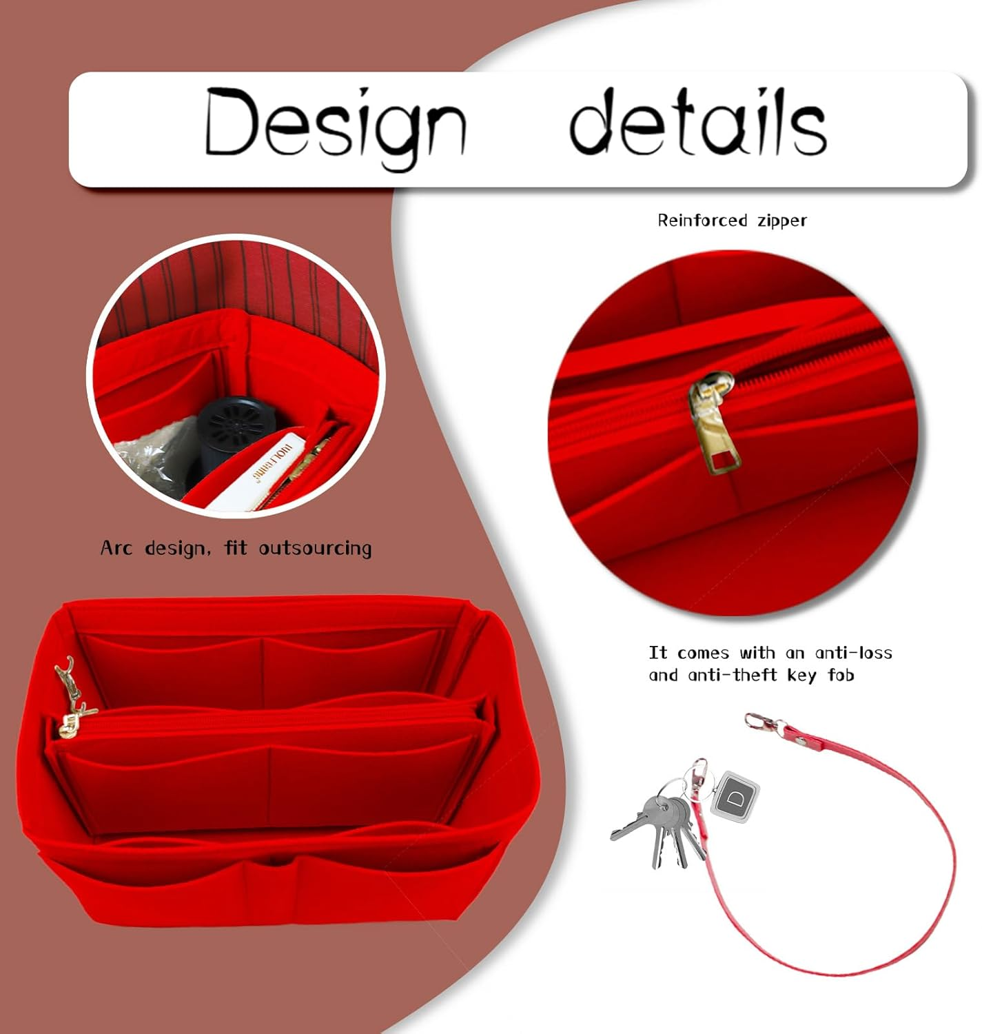 Lckaey Handbag Organizer for Speedy 25 Organizer Insert Tote Bag and Hand Bag Organizer Insert Y095Crimson-M image number 6