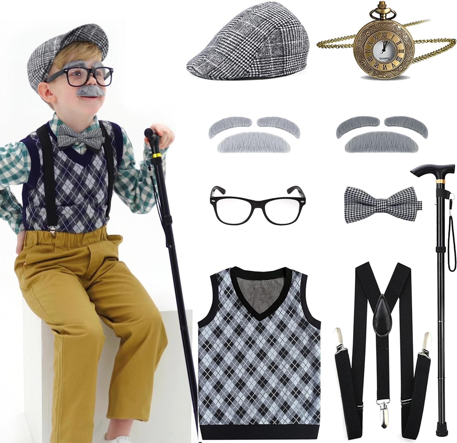 Kids 100 Days of School Costume for Boys - Halloween Old Man Costume Hat Glasses and Grandpa Vest Set for Child image number 4