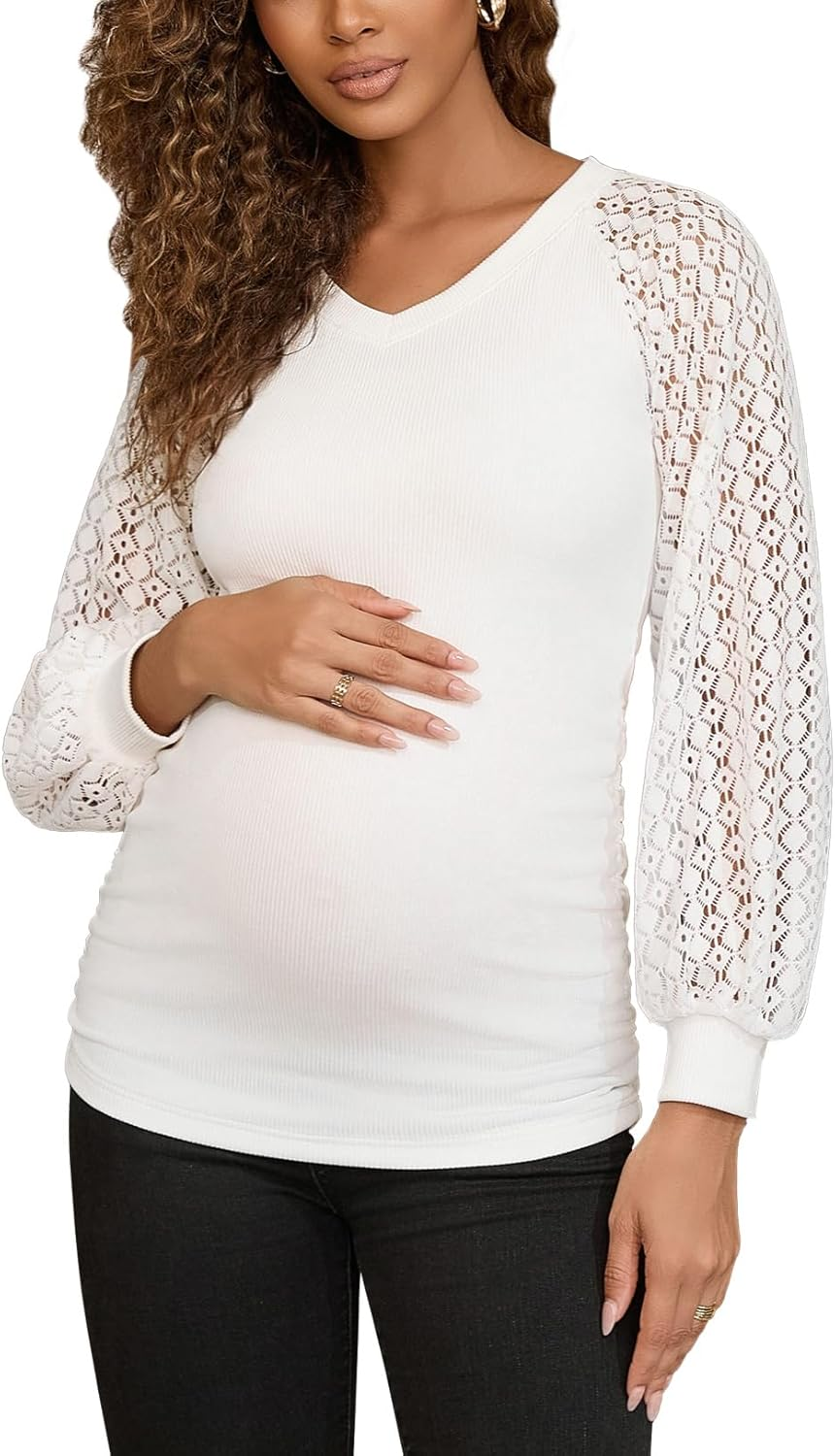 Bhome Womens Maternity Shirts Crochet Lace Long Sleeve V-Neck Pregnancy Tops Casual Tee Blouses