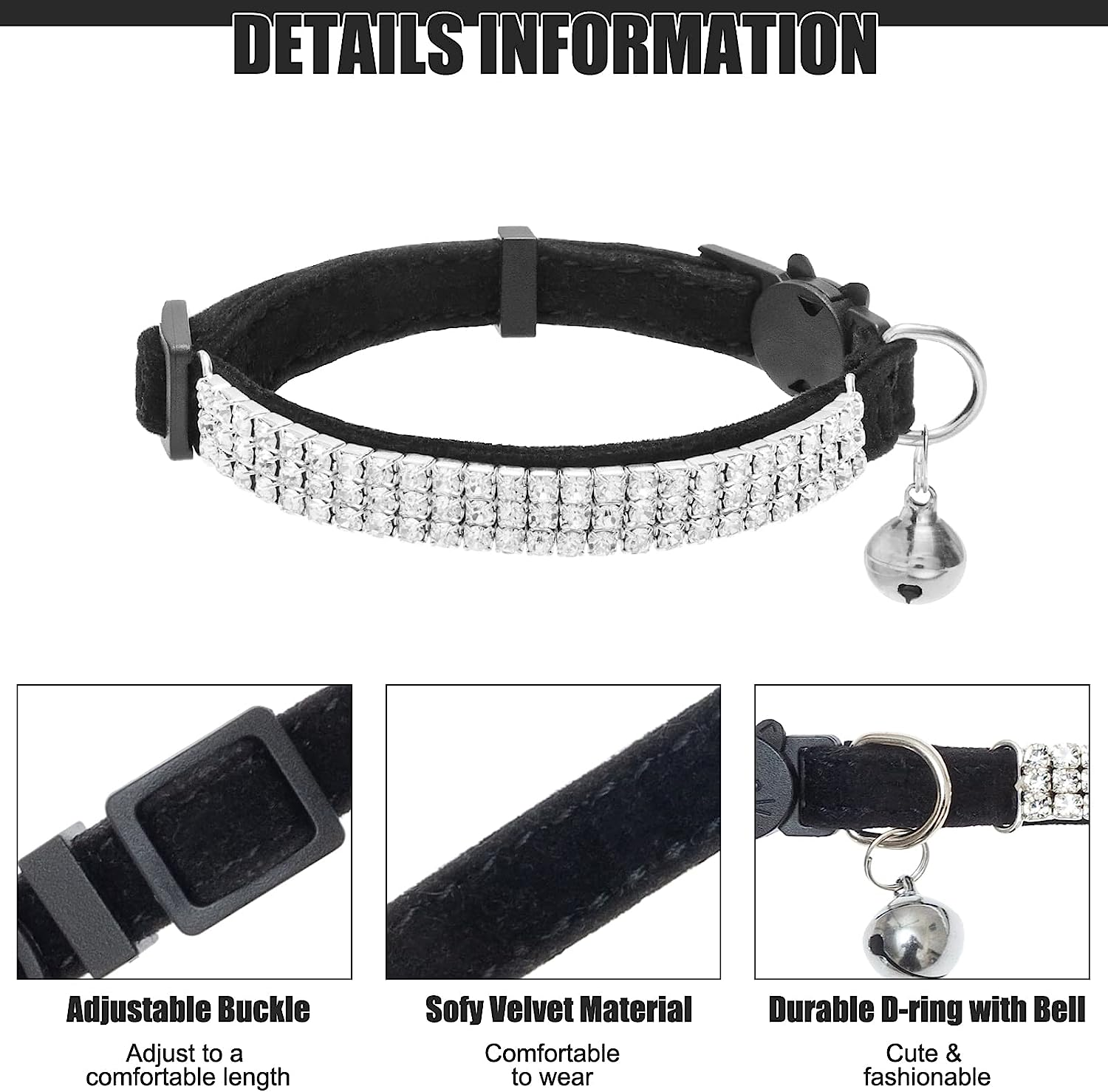 EXPAWLORER Soft Velvet Safe Cat Collars for Girl Cats -2 Pack Rhinestones Bling Diamante Adjustable Collars - Cat Collar Breakaway with Bells for Boy Cats Kitty and Small Dogs