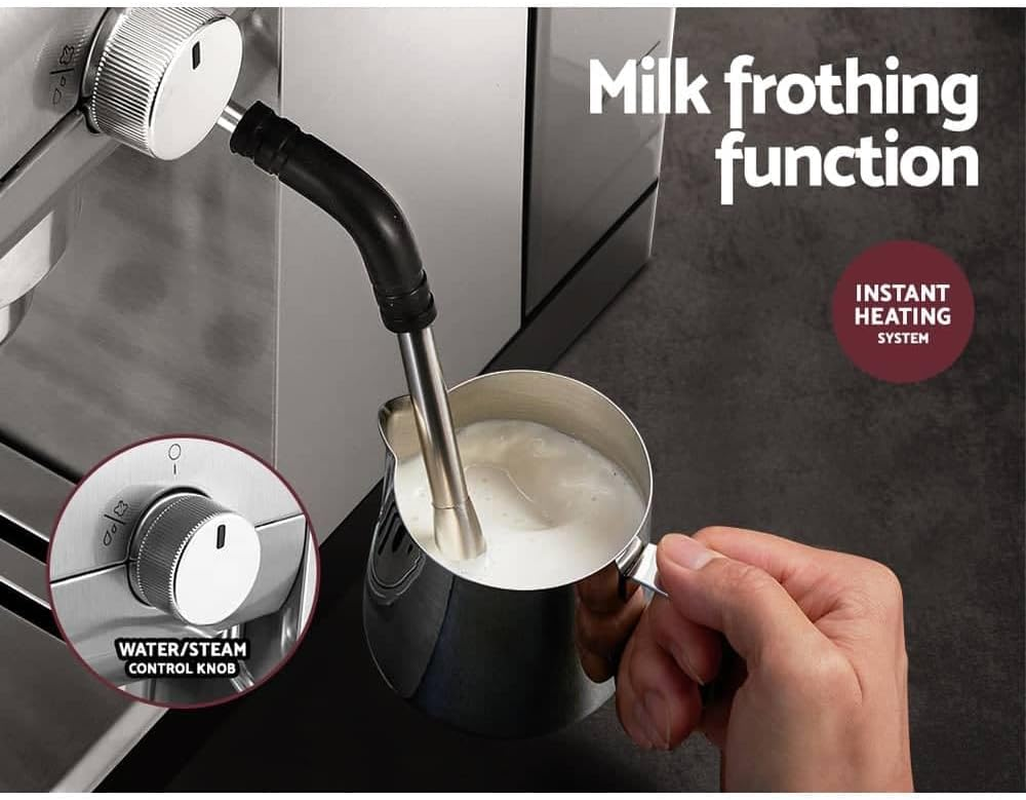 Devanti Coffee Machine, 20 Bar Barista Express Espresso Maker Pod Cafe Cup Latte Cappuccino Milk Frother Machines, with Powerful Pressure Pump Removable Drip Tray and Water Tank Stainless Steel image number 3