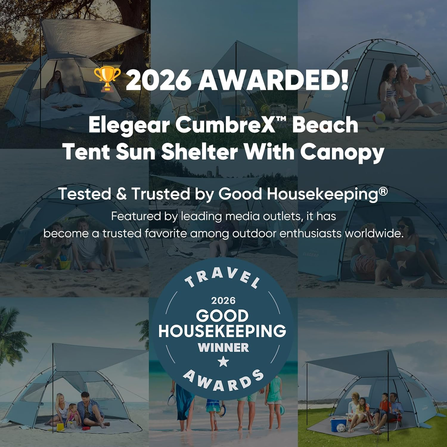 Elegear Beach Tent with 360&deg; Removable Canopy, 4-6 Person Pop up Sun Shade Shelter, UPF 50+ Automated Installation Double Silver Coating Portable Lightweight Beach Cabana for Beach/Camping/Outdoor image number 5