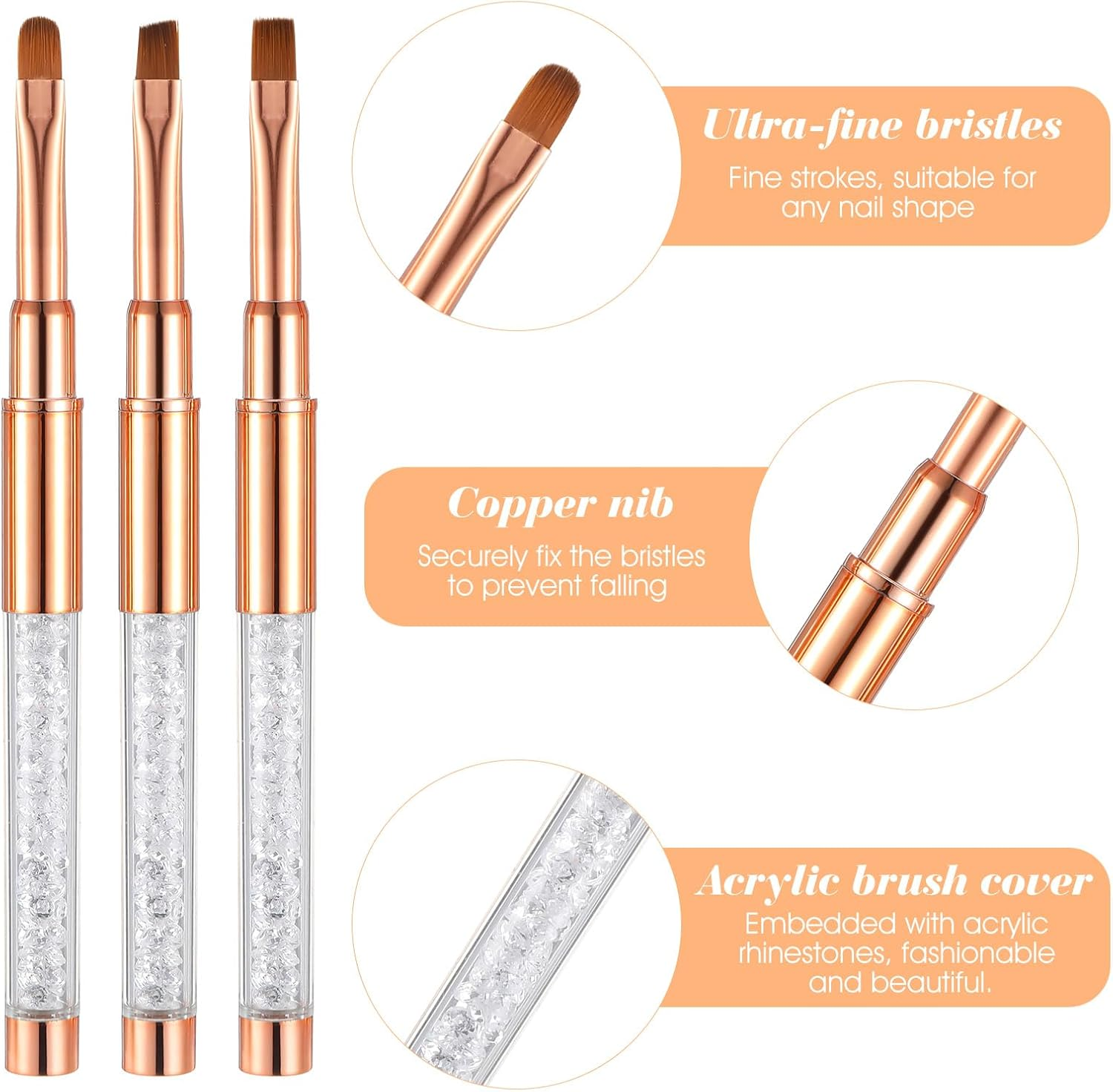 Set of 6 Gel Brushes for Nails, Oval Gel Nail Brush Set, Art Brush for Nail Painting with Rhinestone Handle, Nail Art, Design Brush, Nail Art, Cleaning Brush image number 3