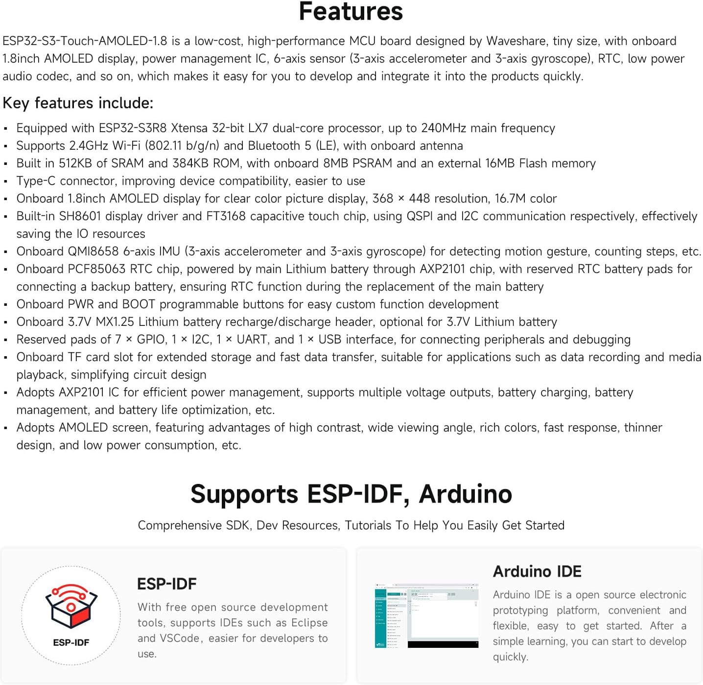 Waveshare ESP32-S3 1.8Inch AMOLED Touch Display, Embedded with SH8601 Display Driver and FT3168 Capacitive Touch Chip, ESP32 with Display,32-Bit LX7 Dual-Core Processor, 368&times;448 Pixels image number 2